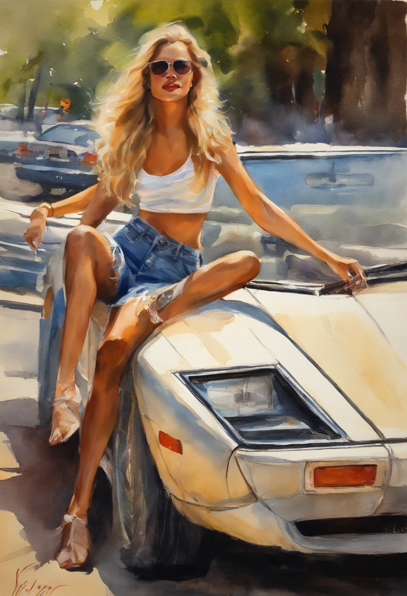 (obra-prima, mejor calidad),1chica joven sensual rubia con cabello claro sentada en un carro lamborghini rojo, la mano debajo de la barbilla, warm lighting, vestido corto, primer plano borroso