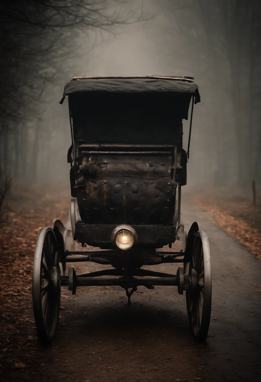 Create a cinematic and spine-chilling Halloween cart scene that exudes an eerie atmosphere. The moon casts an ominous glow, and thick mist envelopes the surroundings, partially obscuring the cart. The cart itself is a macabre masterpiece, adorned with sinister pumpkins, cobwebs, and haunting decorations. It's as though it has been plucked from a horror movie set, ready to transport its eerie cargo through the misty night, sending shivers down the spine