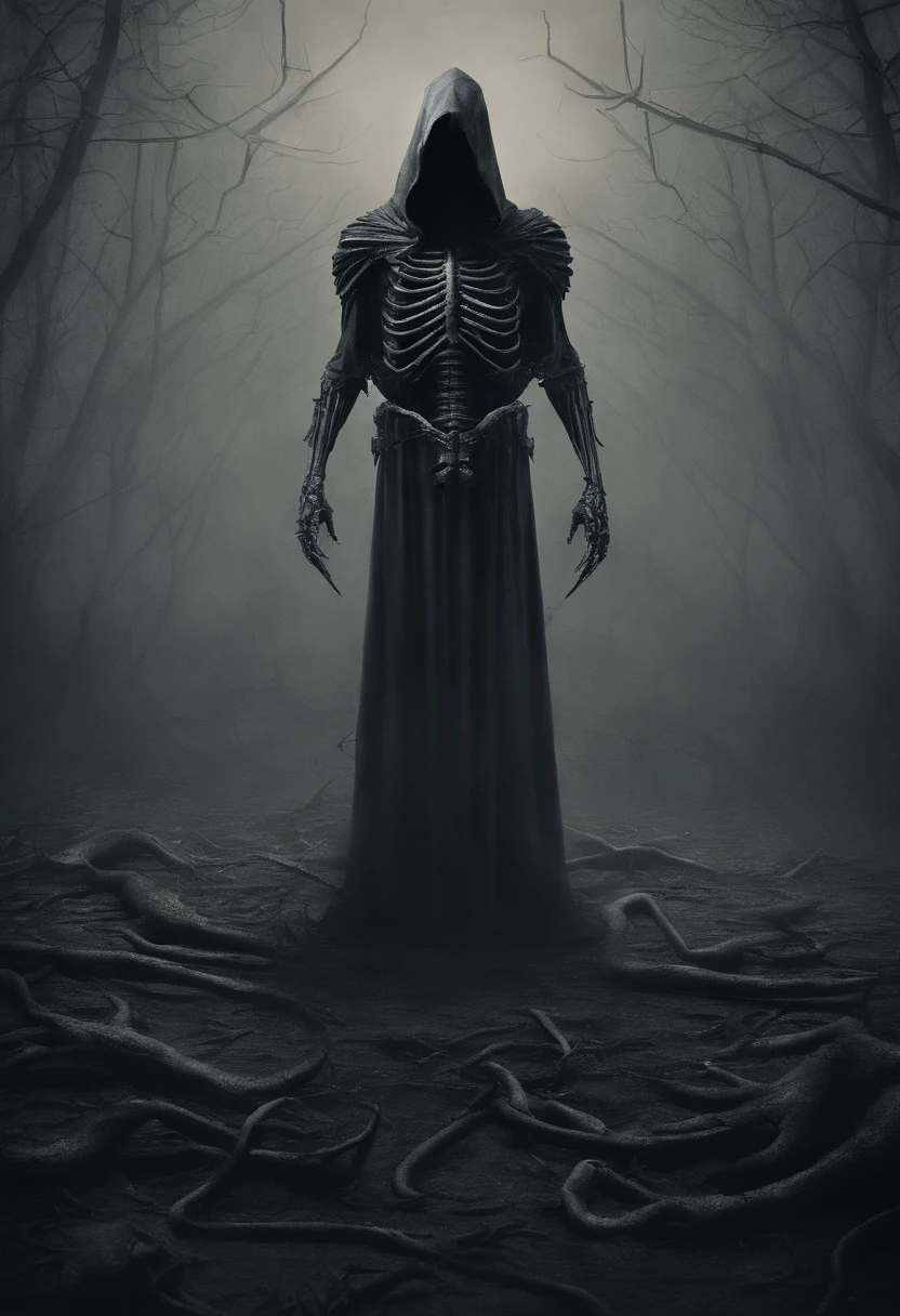 Faceless humanoid demon, standing in the dark forest