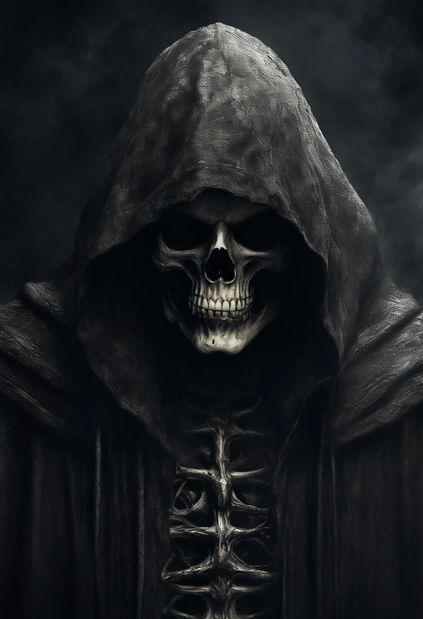 Create a frighteningly detailed and realistic depiction of the hooded figure of Death. The scene is expected to feature a black silhouette with a skull on a face and a skeletal hand holding a menacing sickle. Esta figura sinistra deve ter como pano de fundo uma noite nebulosa iluminada pela luz fria da lua. A imagem deve exalar uma atmosfera sinistra e arrepiante. Use Octane rendering to capture realistic textures and lighting. The resolution should be an impressive 8K, ensuring extraordinary clarity and precision in portraying the sinister aspect of Death.