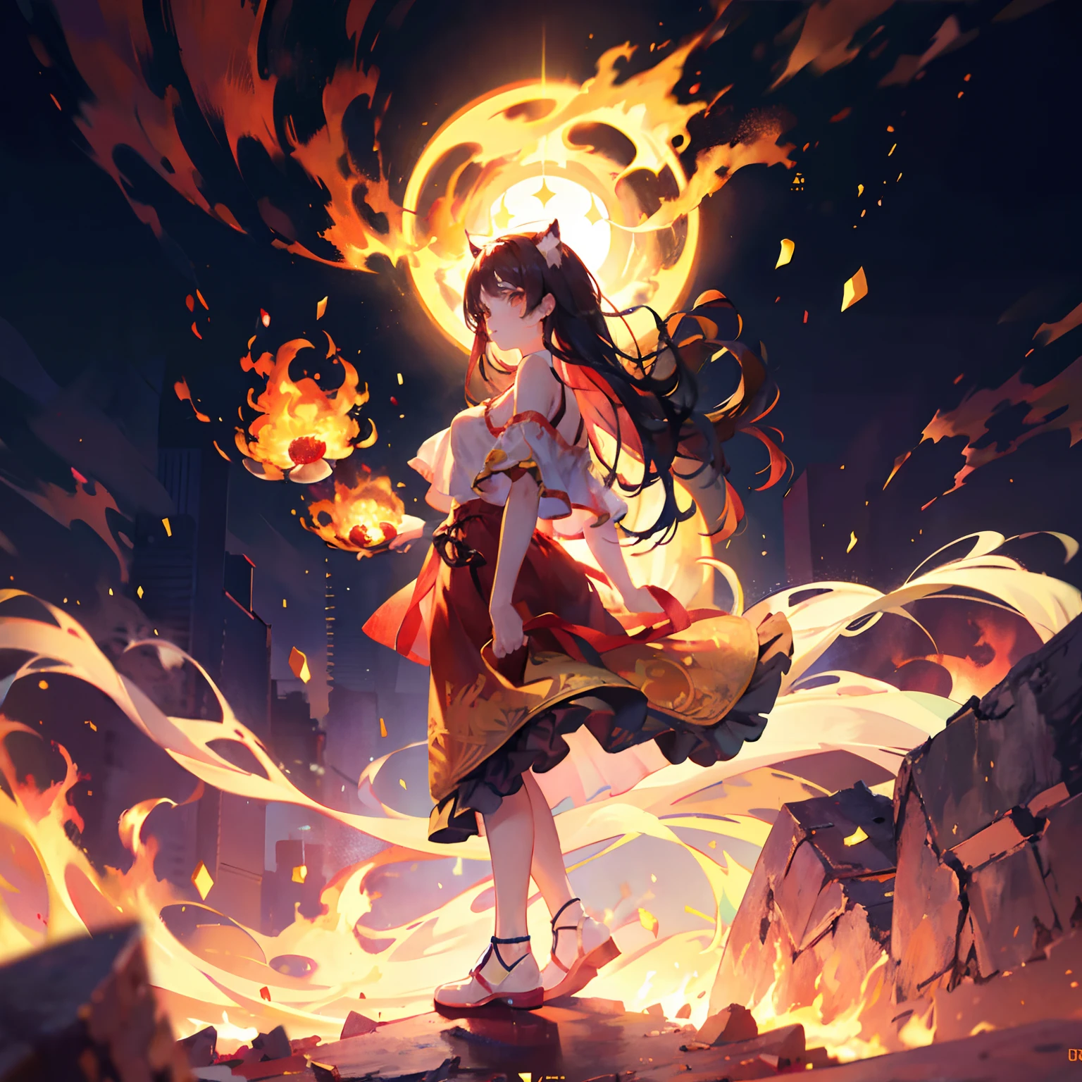 ｛1girll，独奏｝ （She stands in the middle of the desert），（Look into the distance），The wind ruffled her long hair，Her clothes also fluttered in the wind，She was expressionless，But there was determination and bravery in her eyes，（Long fiery red hair：1.2），Long hair，the hair flutters with the wind，Hair mixed with flames，（Fire red coat：1.2），（White T-shirt：1.2），Bare shoulders，Flowing skirt，Golden eyes twinkle with fire，White shoes，（Maiden in flames，Surrounded by flames），fiery flames，Crimson flame，There is fire in the hand，Look from the side，（Cover style），（dynamic scene，cinmatic lighting，light particules，Volumetriclighting，head to toe full body image），｛｛Best quality at best，extremely detaile，Unique，Delicate background，Masterpiece，Ultra-high resolution，Very detailed 8k wallpapers，Face Shadow，Fine beautiful face and eyes，depth of fields，ssee-through，｝｝