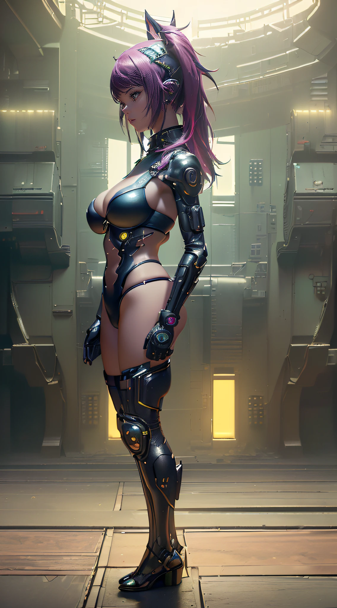 Best image quality, Masterpiece, Ultra-high resolution, (Fidelity:1.4), Photo, Movie, ((cyber punk personage)), fairy goth robot, cyber yellow outfit, Futuristic, ((Award-winning ultra-realistic photos)),(Hyper-detailing),(Complicated details),(High resolution CGI artwork 8k),a girl in,Cyberpunk-city,Futuristic style,There are many colors and LED light,depth of field,create depth with atmospheric lighting,wide wide shot,use atmospheric and volumetric lighting to enhance cityscape detail,illuminated by neon lights, Pastel textured colored background, Colourful, vibrant, bikini costume, large breast.