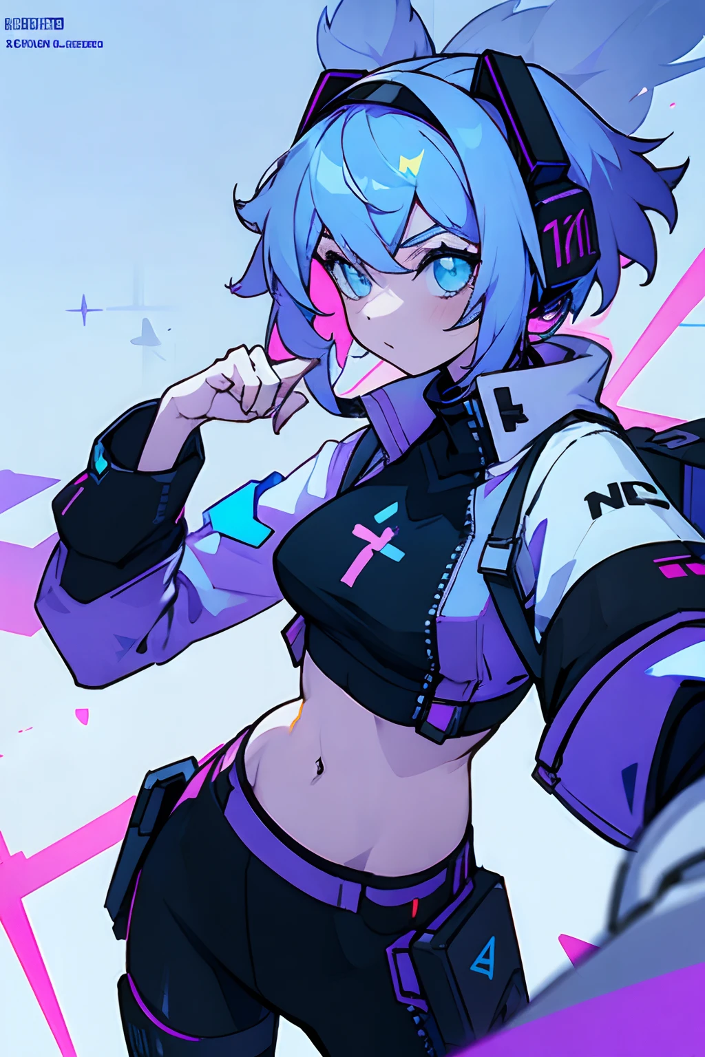 A futuristic vocaloid inspired wolf girl. She is wearing a y2k grunge inspired outfit and a white and black cross sports bra with futuristic elements. Her main color is a light purple with an accent of light blue.