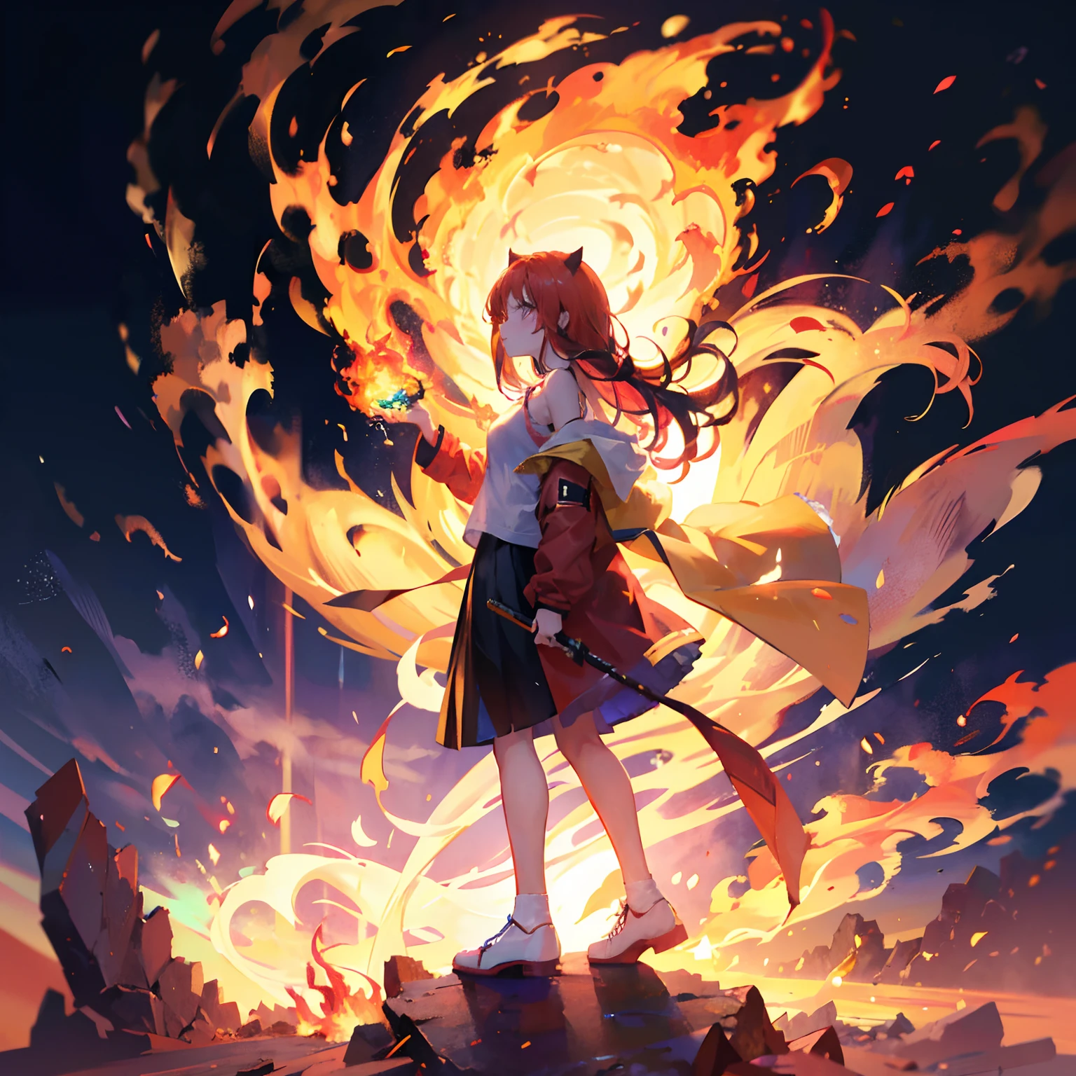 ｛1girll，独奏｝ （She stands in the middle of the desert），（Look into the distance），The wind ruffled her long hair，Her clothes also fluttered in the wind，She was expressionless，But there was determination and bravery in her eyes，（Long fiery red hair：1.2），Long hair，the hair flutters with the wind，Hair mixed with flames，（Fire red coat：1.2），（White T-shirt：1.2），Bare shoulders，Flowing skirt，Golden eyes twinkle with fire，White shoes，（Maiden in flames，Surrounded by flames），fiery flames，Crimson flame，There is fire in the hand，Look from the side，（Cover style），（dynamic scene，cinmatic lighting，light particules，Volumetriclighting，head to toe full body image），｛｛Best quality at best，extremely detaile，Unique，Delicate background，Masterpiece，Ultra-high resolution，Very detailed 8k wallpapers，Face Shadow，Fine beautiful face and eyes，depth of fields，ssee-through，｝｝
