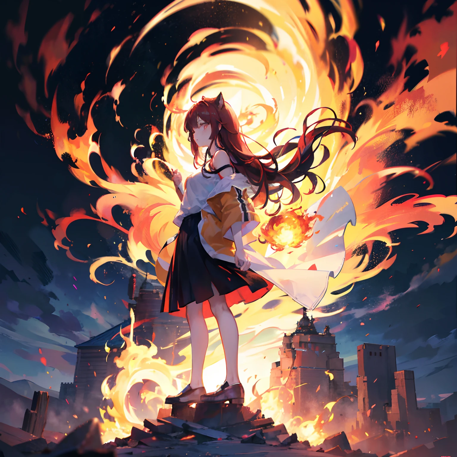 ｛1girll，独奏｝ （She stands in the middle of the desert），（Look into the distance），The wind ruffled her long hair，Her clothes also fluttered in the wind，She was expressionless，But there was determination and bravery in her eyes，（Long fiery red hair：1.2），Long hair，the hair flutters with the wind，Hair mixed with flames，（Fire red coat：1.2），（White T-shirt：1.2），Bare shoulders，Flowing skirt，Golden eyes twinkle with fire，White shoes，（Maiden in flames，Surrounded by flames），fiery flames，Crimson flame，There is fire in the hand，Look from the side，（Cover style），（dynamic scene，cinmatic lighting，light particules，Volumetriclighting，head to toe full body image），｛｛Best quality at best，extremely detaile，Unique，Delicate background，Masterpiece，Ultra-high resolution，Very detailed 8k wallpapers，Face Shadow，Fine beautiful face and eyes，depth of fields，ssee-through，｝｝