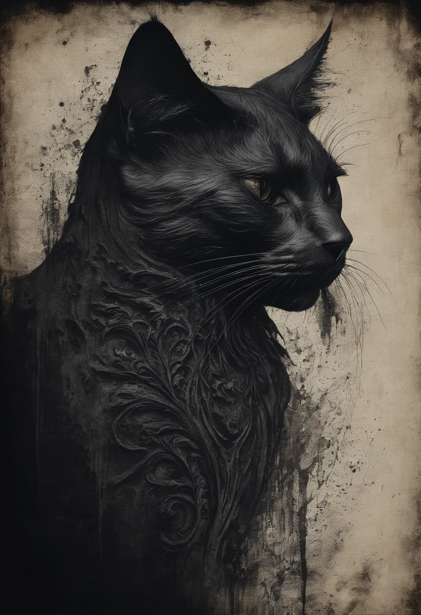 A forward facing black cat with a wispy flowing body, no defined face, centered in frame, black background