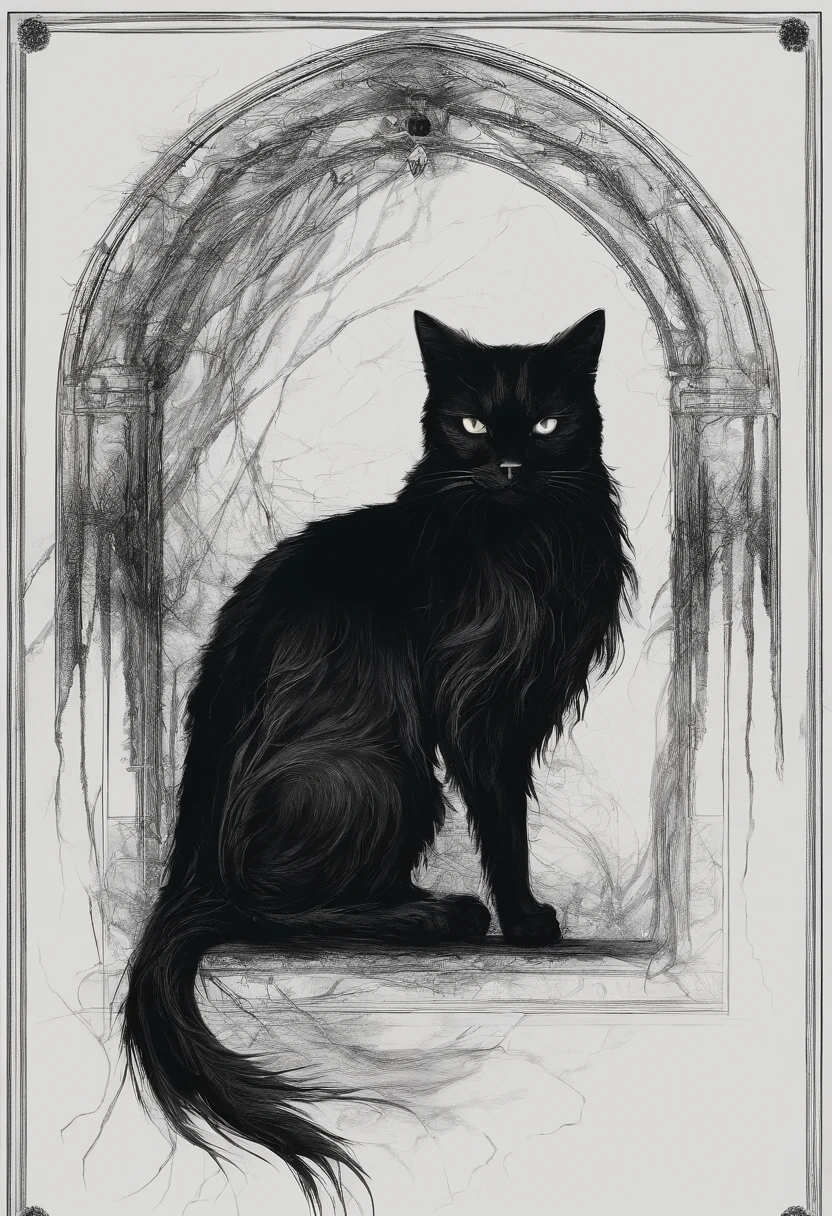 A forward facing black cat with a wispy flowing body, no defined face, centered in frame, black background