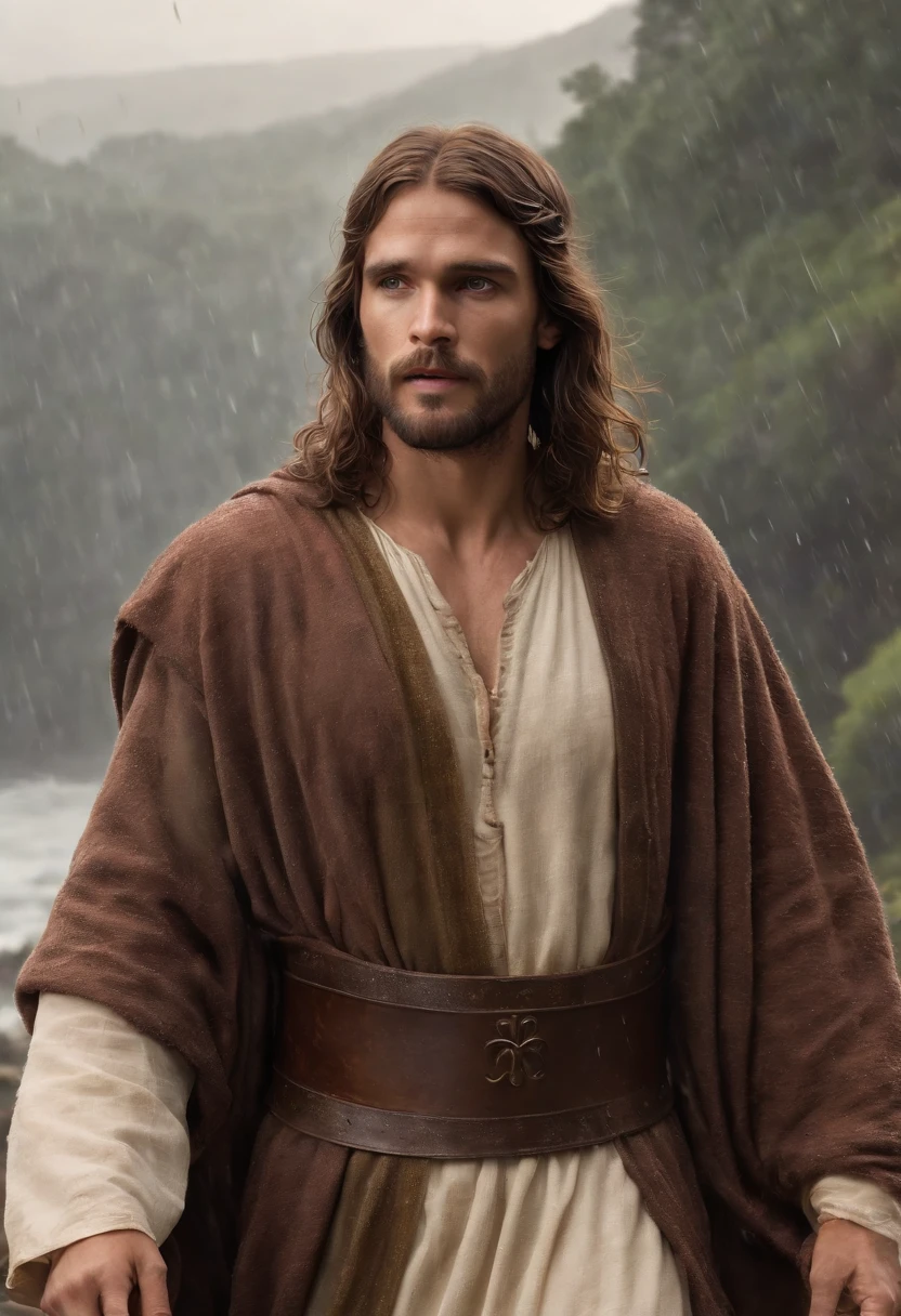 Jesus is standing in the rain with his head turned to the side, Greg Olsen, Jesus Cristo, Retrato de Jesus Cristo, jesus of nazareth, Wojtek FUS, Vestido como Jesus Cristo, O Senhor e Salvador, pintura digital ultra realista, rosto de Jesus, cinematic digital painting, Pintado por Andreas Rocha, Directed by: Michael Komarck, Jesus, Filme 8K ainda