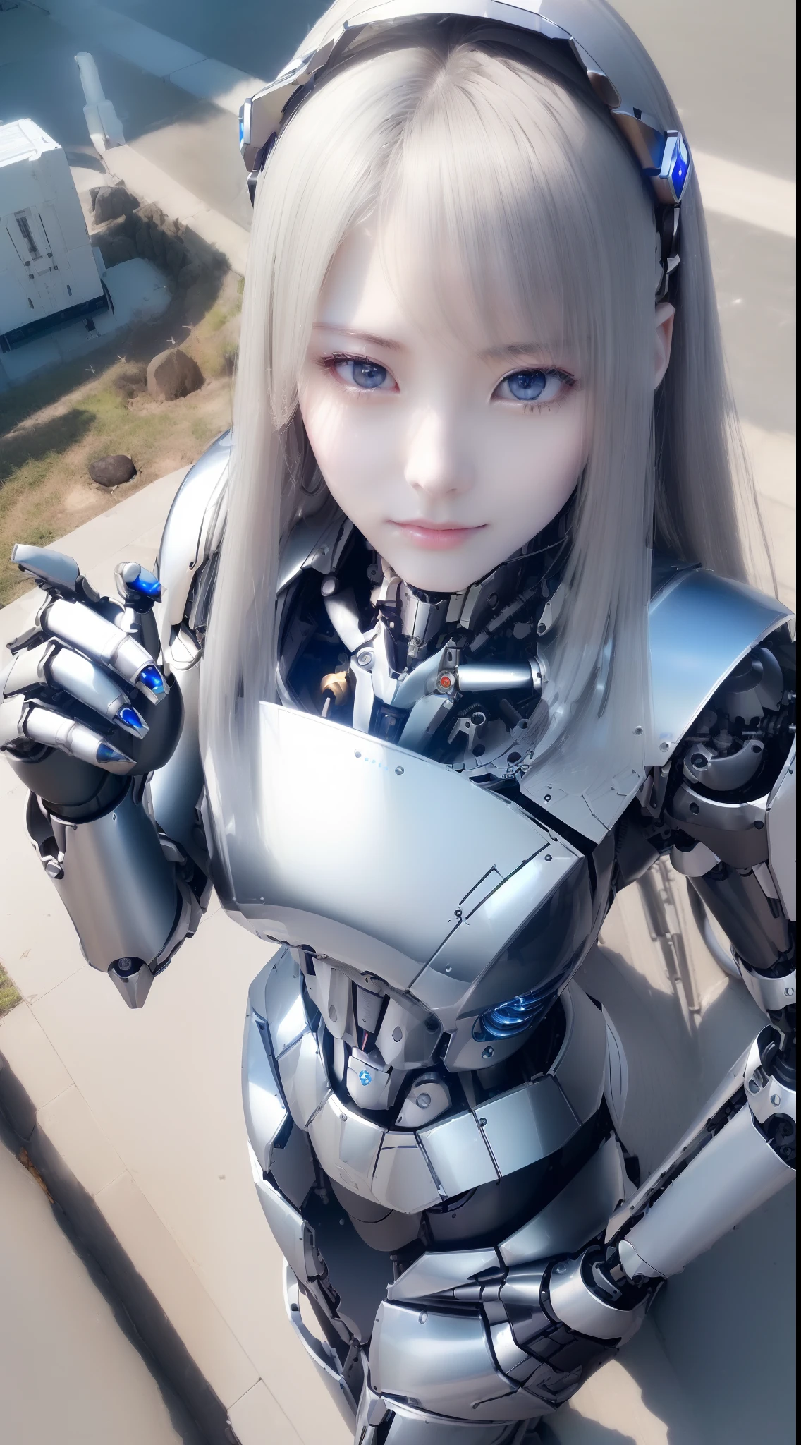 ((masutepiece)), ((top-quality), high quarity、ultra-definition, (Realistic),  ((well proportioned face))、fulcolor 、(scientific fiction)、(独奏)、Beautiful robot woman、Combat Robots、(Perfect robot joint)、((detailed mechanical components))、(Electronic substrate)、White porcelain mechanical armor、(Oval curvaceous face)、(almond shape eyes)、thin mouth、deadpan、((Perfect mechanical two-handed))、(Outside the city)、Perfect robot legs、(From  above)