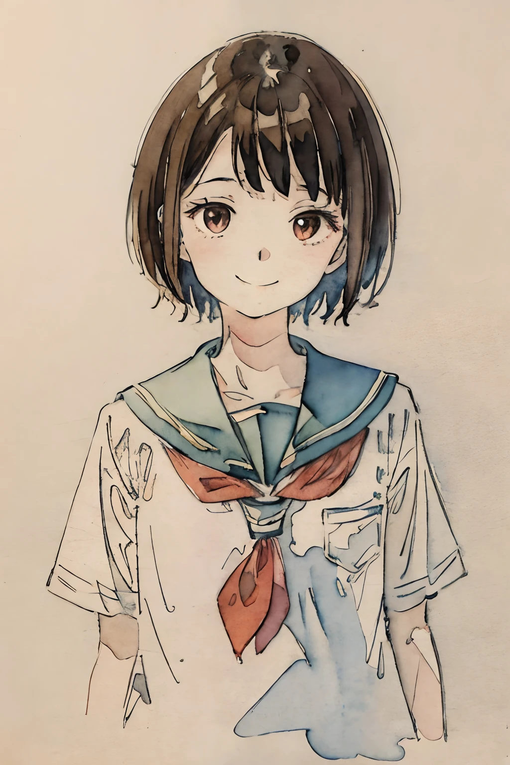 school classrooms、Watercolor style、Pale colors、hand painted style, 15yo student、hi-school girl、high-school uniform、A smile、frontage、The upper part of the body、Brown hair、short-hair、The upper part of the body