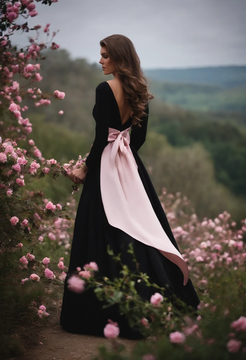 ((Masterpiece, Best quality)),best aesthetic,1fille, seulement, cheveux longs, Robe noire, fleur, ruban, fond noir, cheveux noirs, rose, ruban de cheveux, Yeux verts, manches longues, Rose blanche, mouth closed, ruban noir, Haut du corps, lighting cinematic