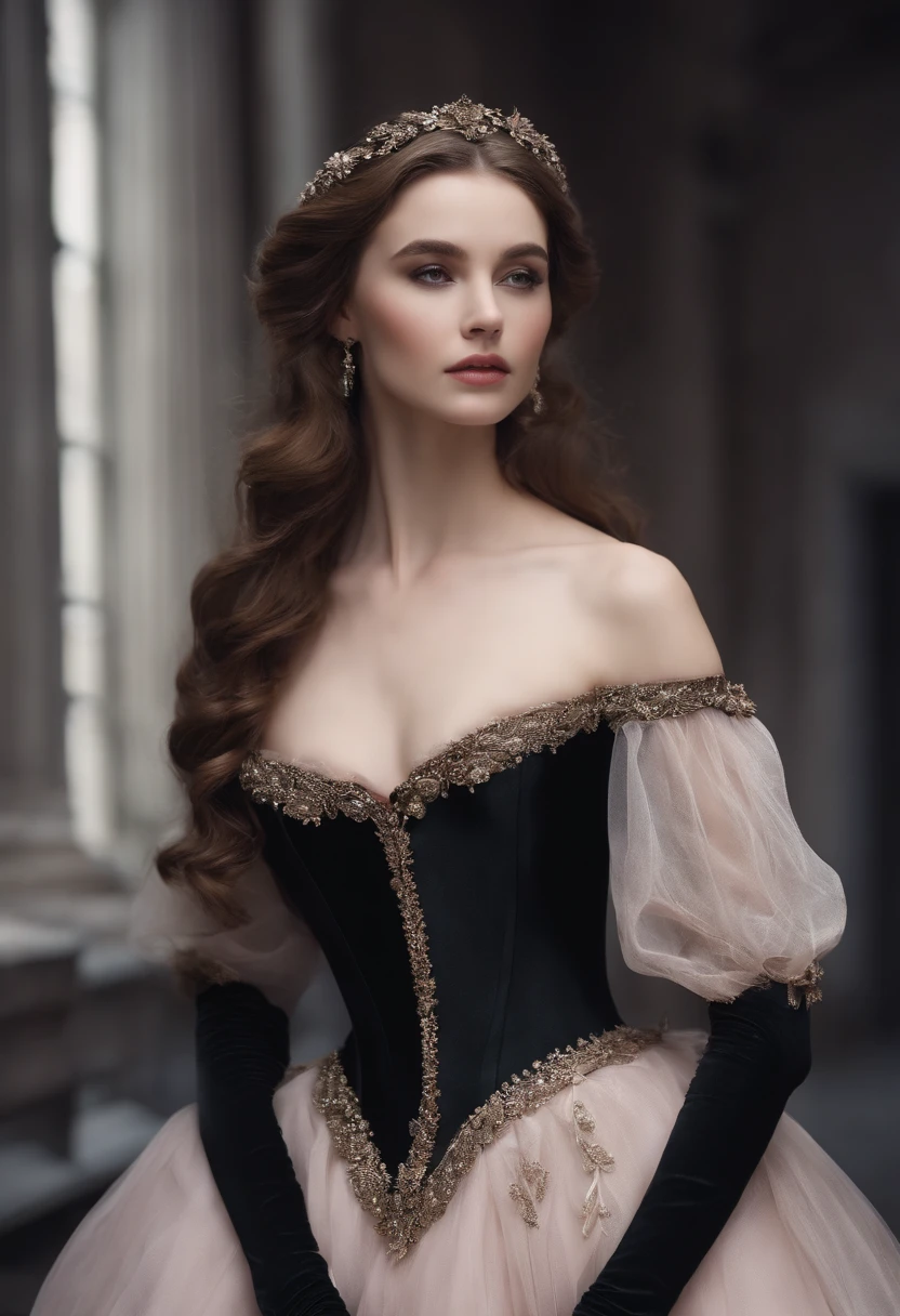 menina deslumbrante, melhor qualidade, ultra high-resolution, (fotorrealista:1.4), (cabelos pretos desbotados:1), (middlebreasts, seios normais, Seios medianos:1.4), (pontiagudo grande , alegre :1.2), droopy breasts, coxas grossas, quadris largos, ((Revealing Cleric's Cosplay)), Black cleric's dress, tiara no cabelo , Olhando para o Viewer, fechar para cima, igreja, penteado rabo de cavalo, hair tied in sections, black back hair, roupa preta, lo gothic, roupa masoquista