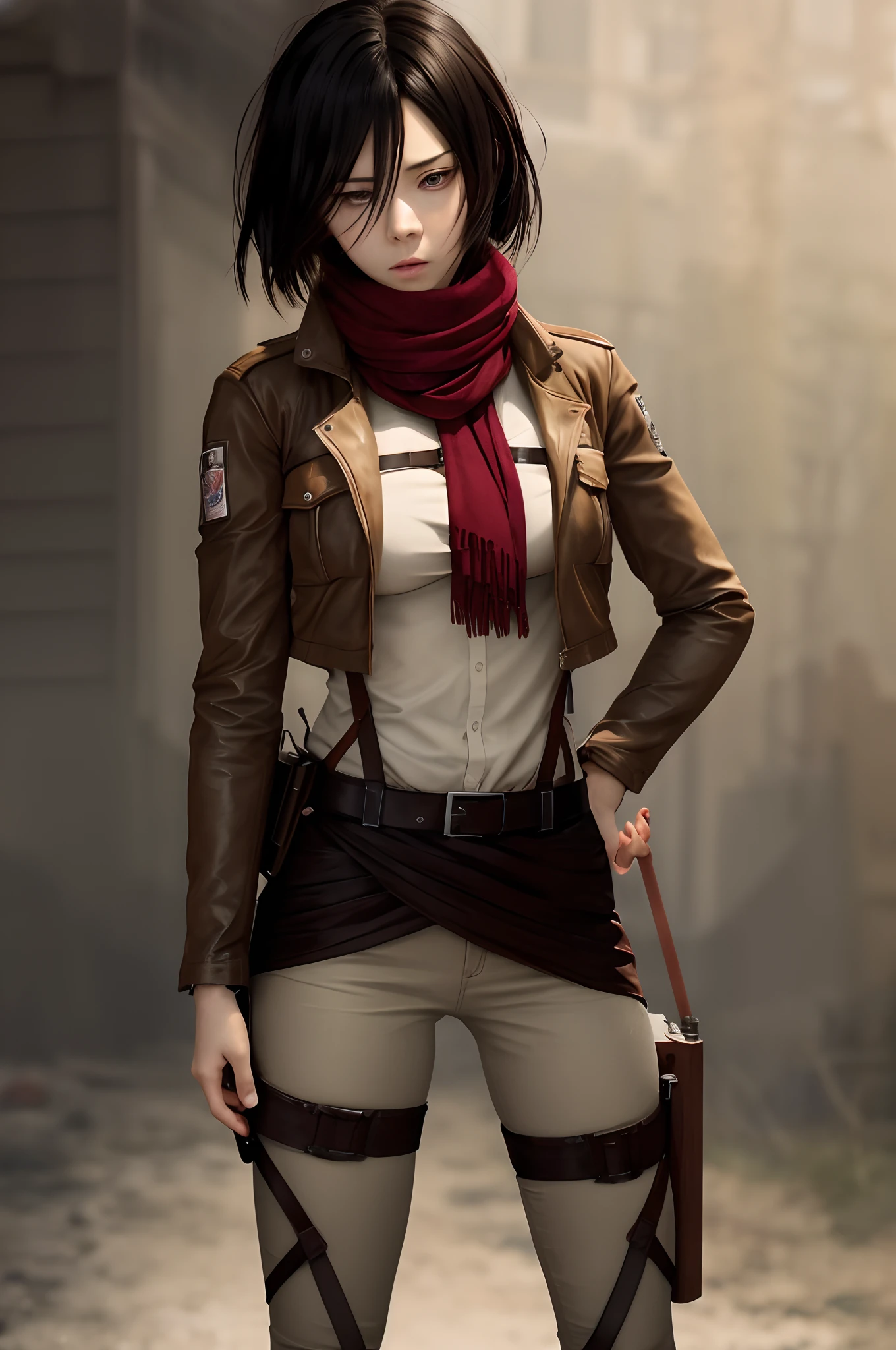 anime - style woman in brown jacket and huge boobs ,a gun, mikasa ackerman, from attack on titan, looking like annie leonhart, annie leonhart, attack on titan anime style, alena aenami and artgerm, in attack on titan, female protagonist 👀 :8, artwork in the style of guweiz, style artgerm ,