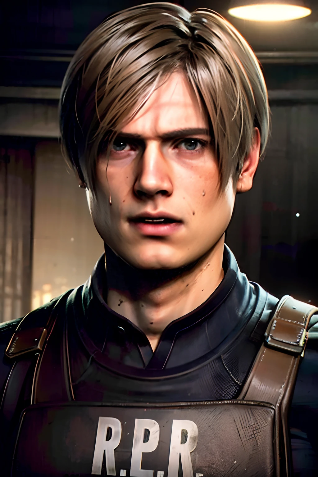 1 boy, Rider, Shot by re4leon, Leon S. Kennedy from the movie "Resident Evil 4", black turtleneck, sitting on the floor, crying, A well-developed face, Portrait,hair curtain, sports car, A hyper-realistic, Dark room, bloods, 4k