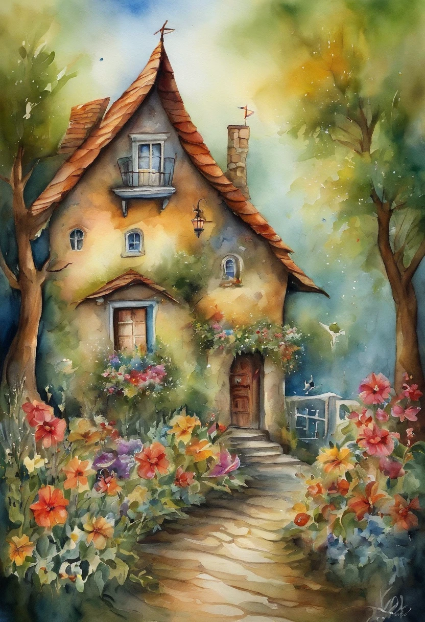 surrealism, dream-like,Fusion，A street in a fairytale land, woods, Houses with flowers,,Flowers, Street House,