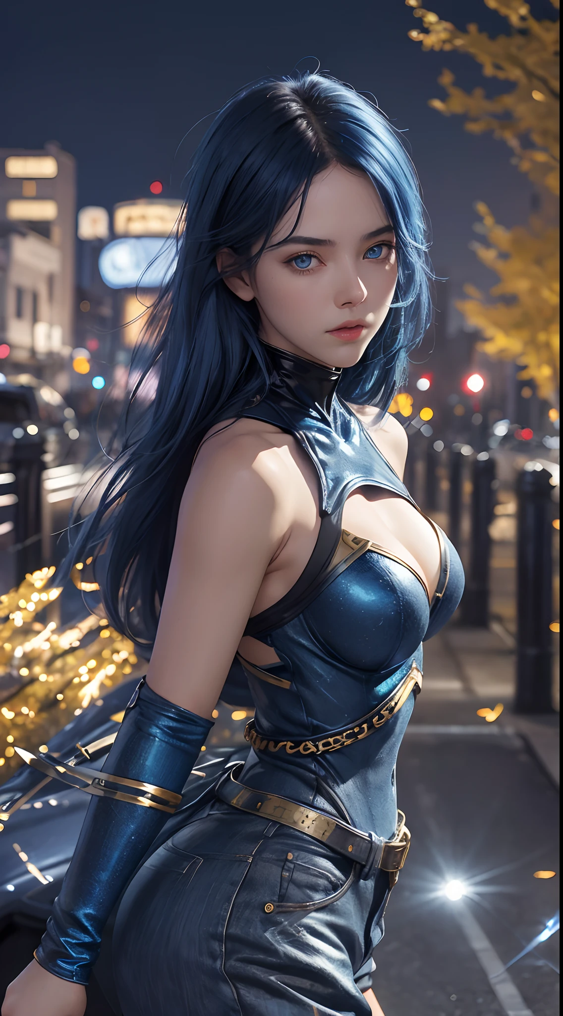 Face focus,,,,1 girl,,, blue eyes,,, blue hair,,,, black rob,,,, exposed,,,,, perfect breast,,,,,dynamic pose,,,,, {{{night view}}} , (((blue moon))), ((golden trees)),,, ultra sharp, ultra realistic detailed, ray tracing cinematic shot