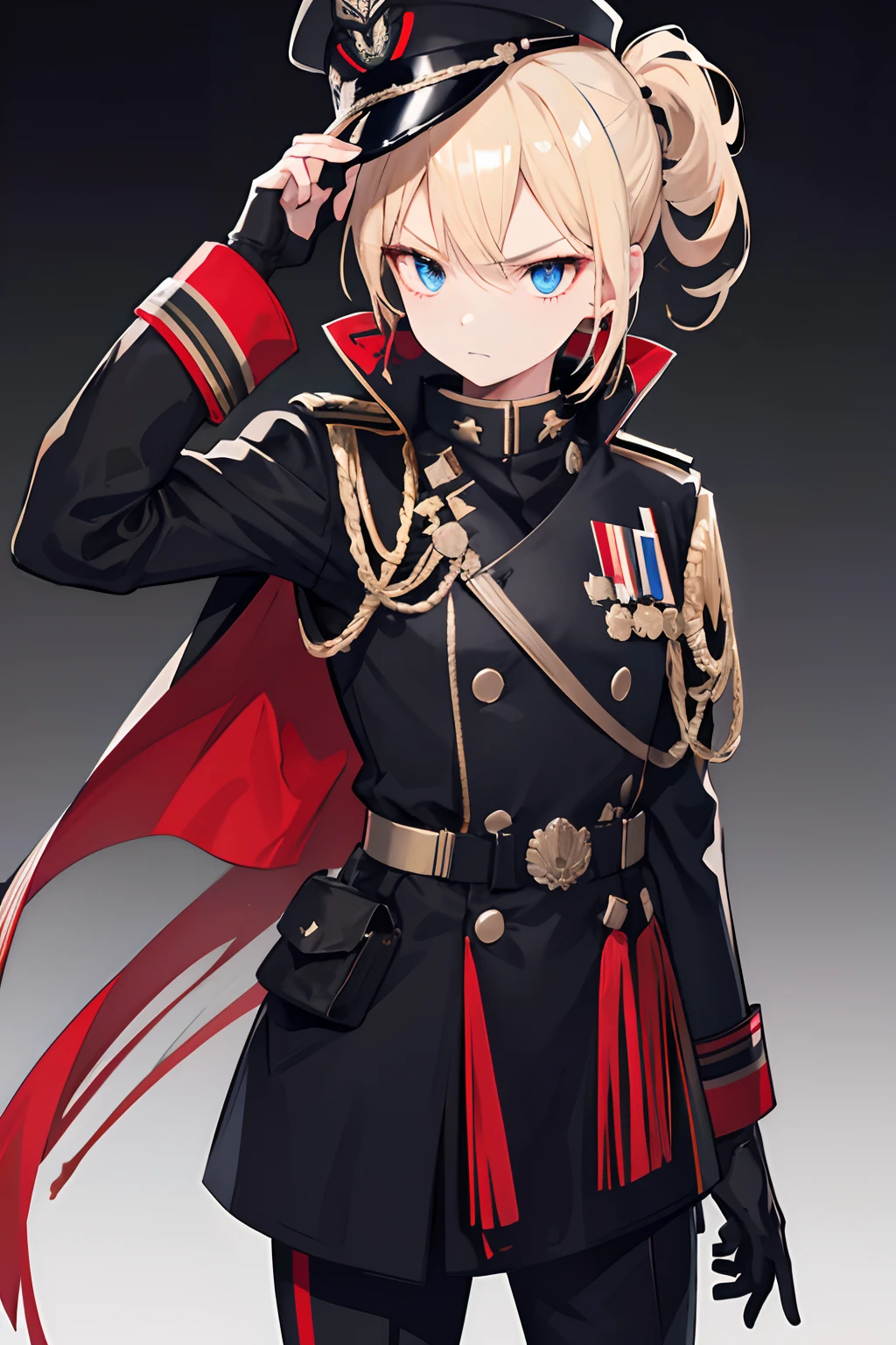 1girl, standing, military position, blond hair tied up, black military hat, black military overcoat with decorations and red details, black military pants, combat boots, serious facial expression, blue eyes, day, military field background, high quality, highly detailed, masterpiece, 8k, beautiful