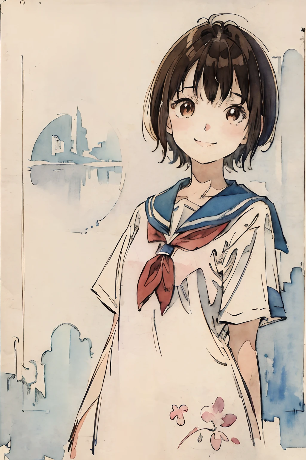 school classrooms、Watercolor style、Pale colors、hand painted style, **** student、hi-school girl、high-school uniform、A smile、frontage、The upper part of the body、Brown hair、short-hair、The upper part of the body