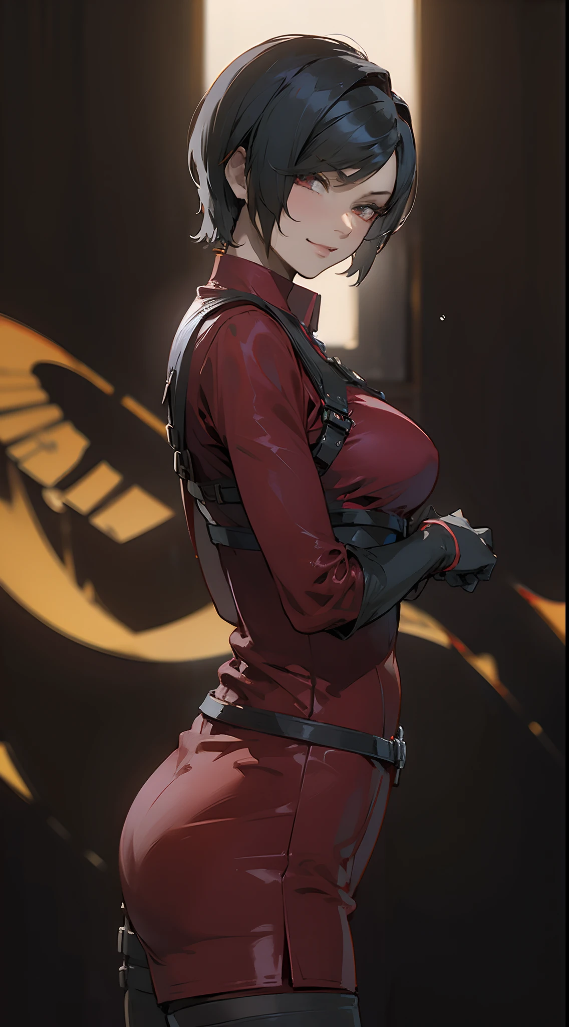 model at middle positions ,1 rapariga， 独奏， Ada Wong in Resident Evil 4 Remake， short detailed hair， brunette color hair， Red cheongsam， Short-sleeved shirt， Nero， nedium breasts， upper limbs， hindquarters， Black heels， Adriana's face， Find your audience， sly smile， A pistol was hung on her waist， best qualtiy， hight resolution：1.2， 18th century village in the background， Shadowing， Nightmare， rays of moonlight， Upper body photography， Low camera angle、depth of fields、center focused