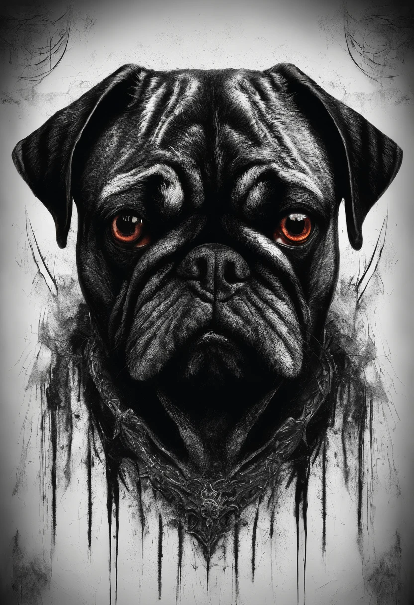 A forward-facing pug dog with a flowing body., There are no defined faces., In the middle of the frame, black background