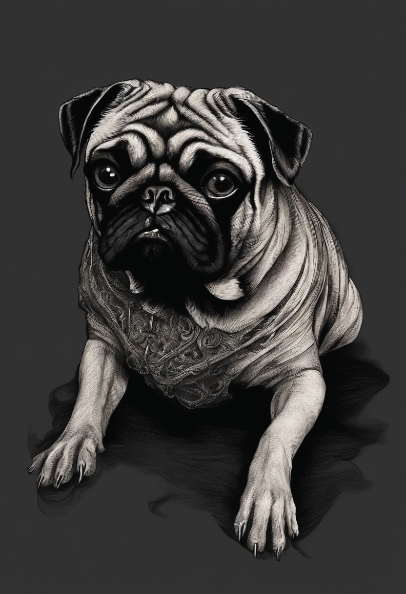 A forward-facing pug dog with a flowing body., There are no defined faces., In the middle of the frame, black background