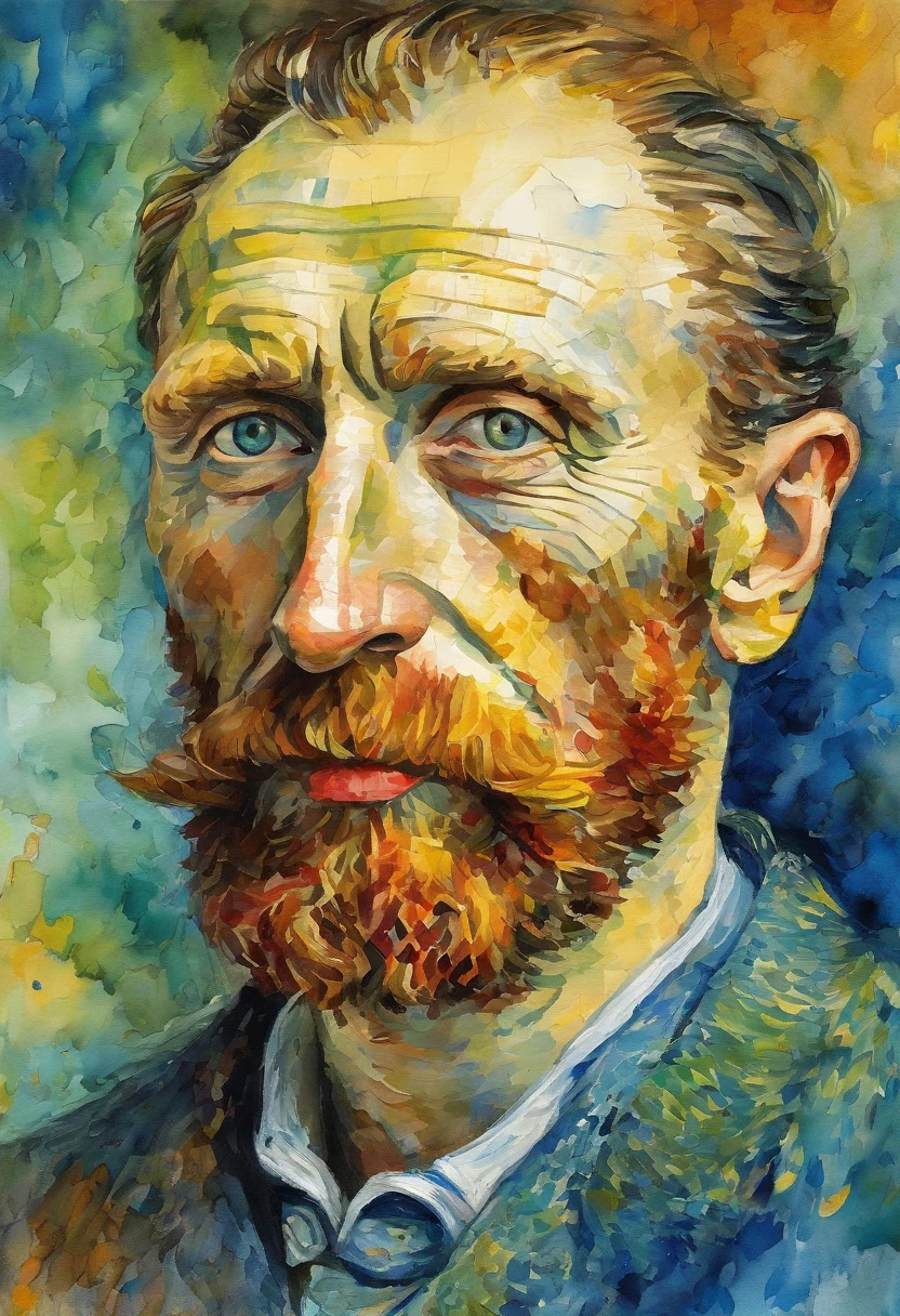 Van Gogh's self-portrait::styles Pointillism styles、It's sir-like々It's made of big and small things.、Clear colored dots、Highly detailed ::n_Style Anime、Photorealsitic、Deformed、glitched、highcontrast、noisy ::Seeds 1000