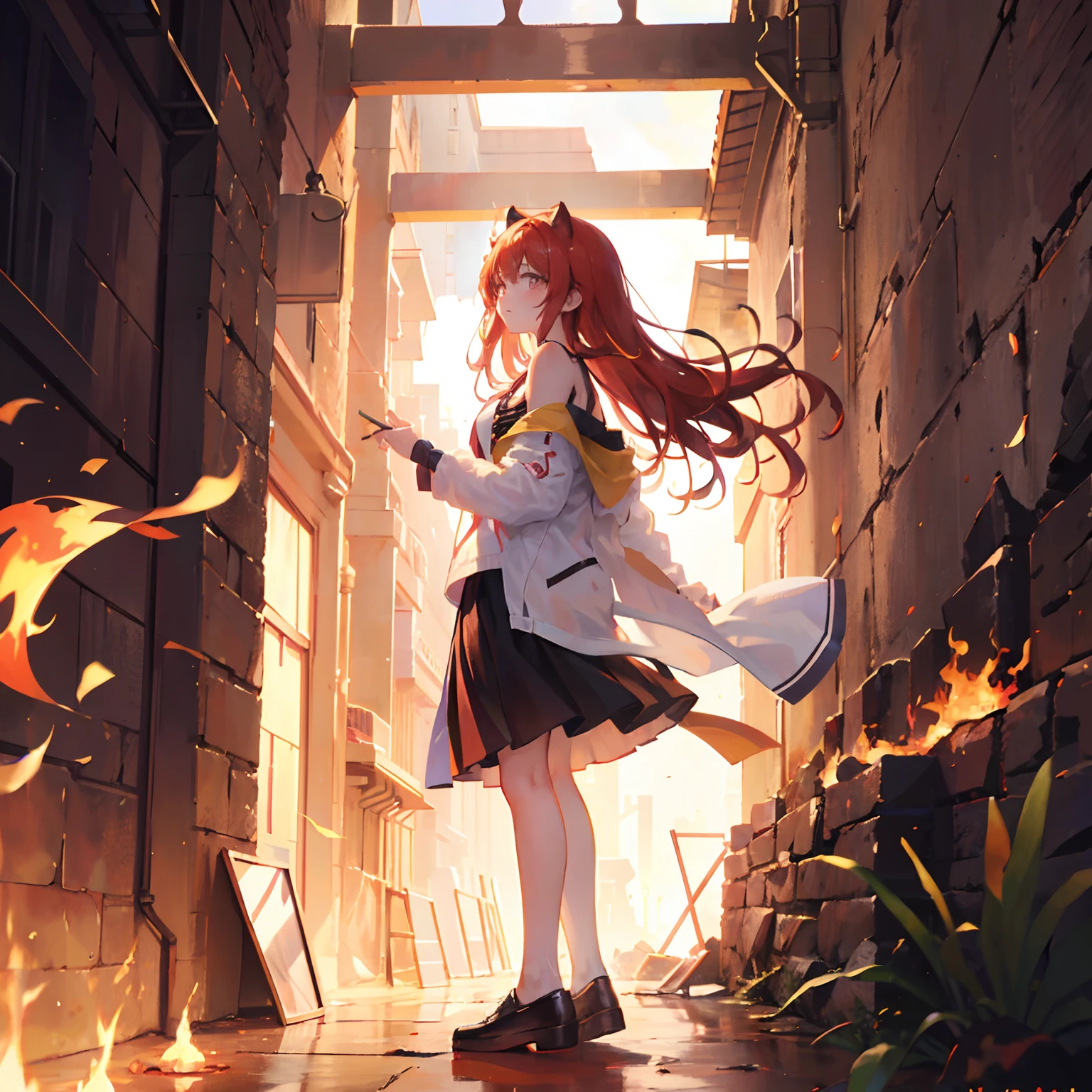 ｛1girll，独奏｝ （She stands in the middle of the desert），（Look into the distance），The wind ruffled her long hair，Her clothes also fluttered in the wind，She was expressionless，But there was determination and bravery in her eyes，（Long fiery red hair：1.2），Long hair，the hair flutters with the wind，Hair mixed with flames，（Fire red coat：1.2），（White T-shirt：1.2），Bare shoulders，Flowing skirt，Golden eyes twinkle with fire，White shoes，（Maiden in flames，Surrounded by flames），fiery flames，Crimson flame，There is fire in the hand，Look from the side，（Cover style），（dynamic scene，cinmatic lighting，light particules，Volumetriclighting，head to toe full body image），｛｛Best quality at best，extremely detaile，Unique，Delicate background，Masterpiece，Ultra-high resolution，Very detailed 8k wallpapers，Face Shadow，Fine beautiful face and eyes，depth of fields，ssee-through，｝｝