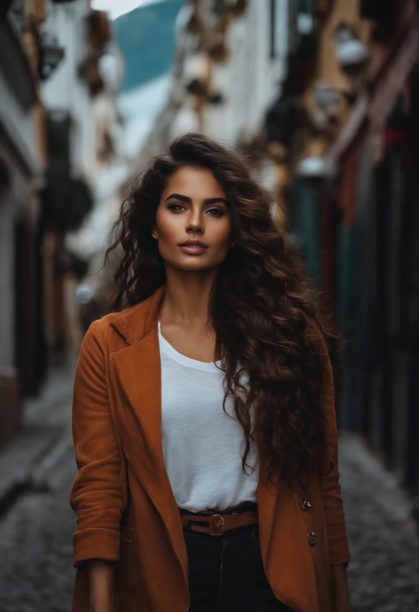 mulher jovem, andando na rua, rosto lindo, foto realista, cabelo cacheado, cabelo preto