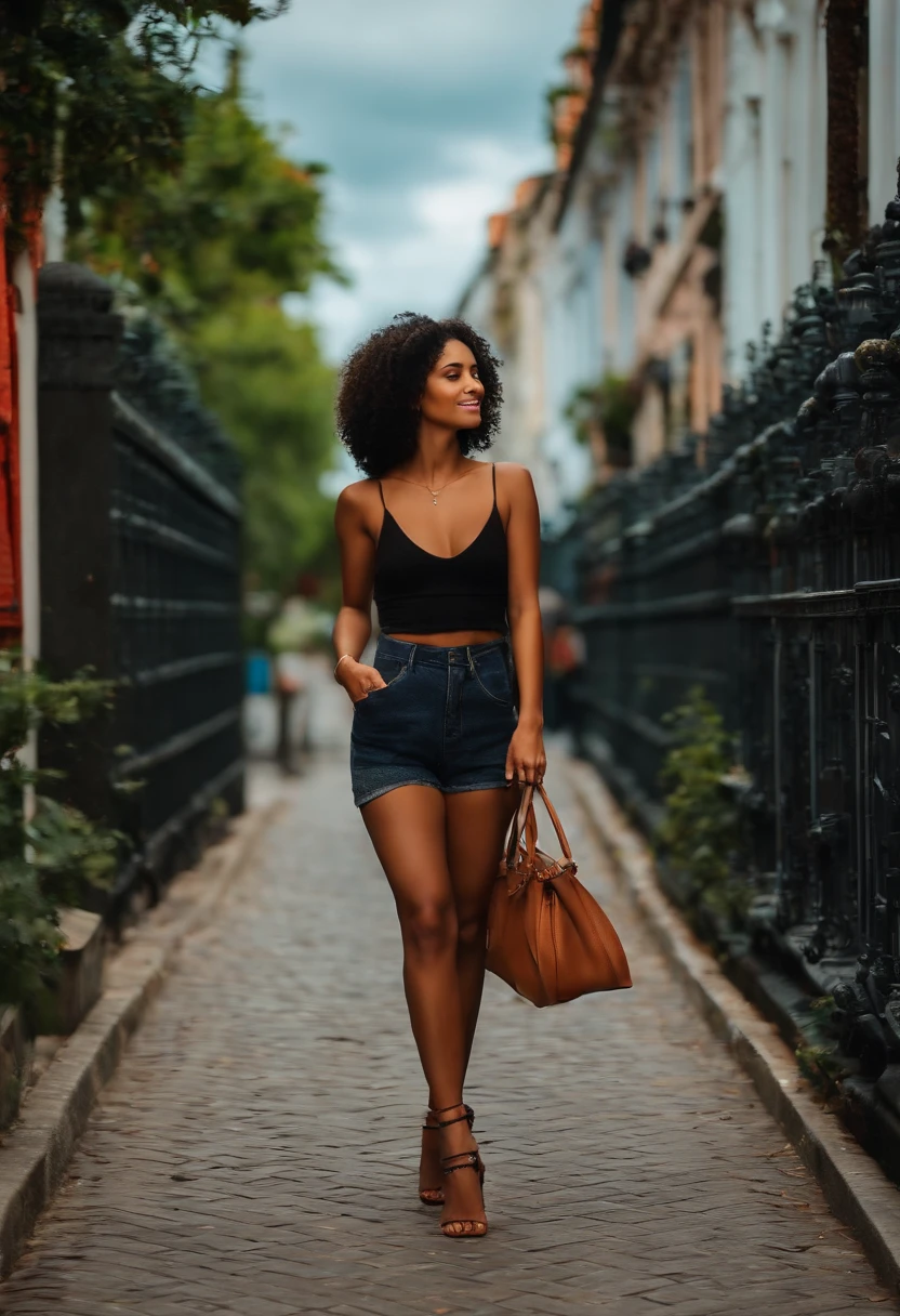 mulher jovem, andando na rua, rosto lindo, foto realista, cabelo cacheado, cabelo preto