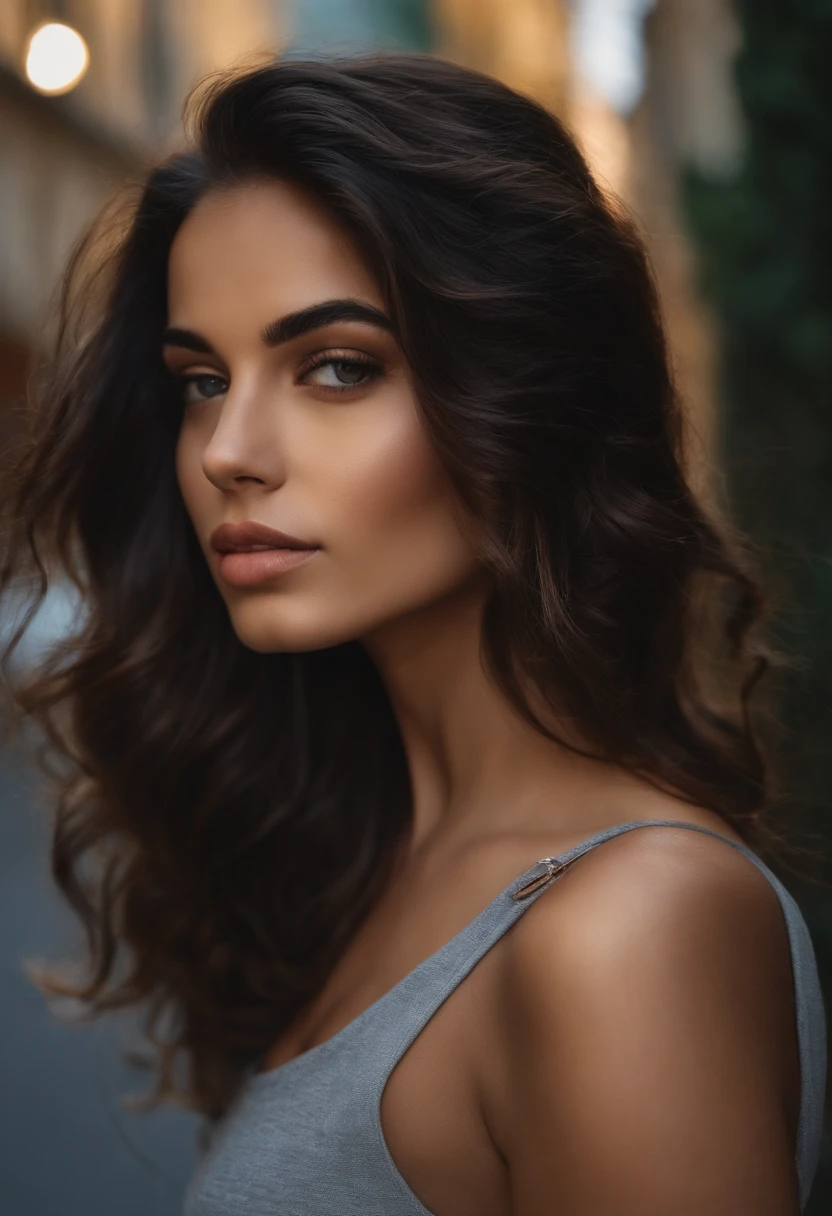 mulher jovem, andando na rua, rosto lindo, foto realista, cabelo cacheado, cabelo preto