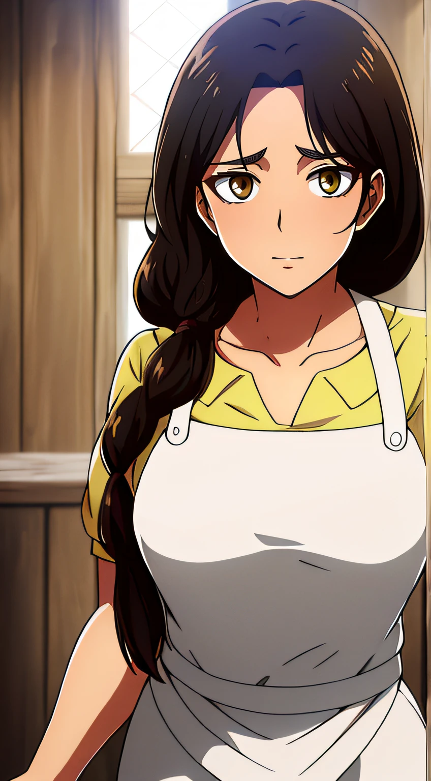 Camisa amarilla,escote,, mangas largas,Delantal blanco, cabello negro, brown eyes, flequillo, single braid, 1 girl in, 20yo,Mujer joven,Hermoso dedo,,Hermosa nariz,Beautiful character design, ojos perfectos, Cara perfecta,ojos expresivos, Mirando al espectador, escote, breasts