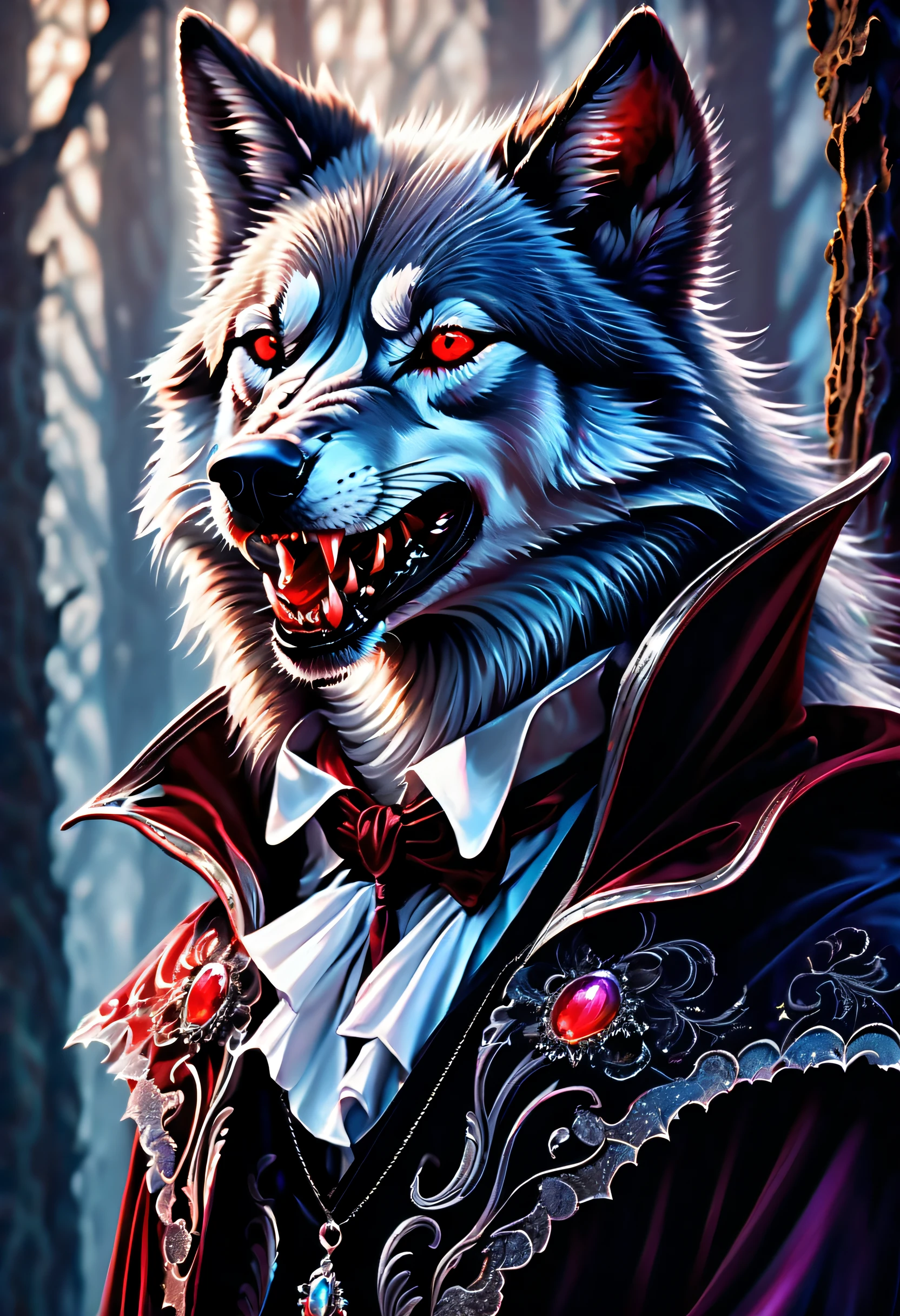 sleek and mysterious vampire wolf dutch angle illustration, (both beautiful and ridiculously absurdly cute:1.1), piercing gaze, (((vampire fang of dripping blood:1.3))), fur skin glows with a celestial radiance, mesmerizing shade of iridescent silver background intricate detailed, jagged edges shimmering crystalline structure background intricate detailed, fantastical realm and ethereal presence, mix of vintage and modern elements, ethereal blood mist, every brushstroke capturing with radiates with a sense of grandeur oil painting,