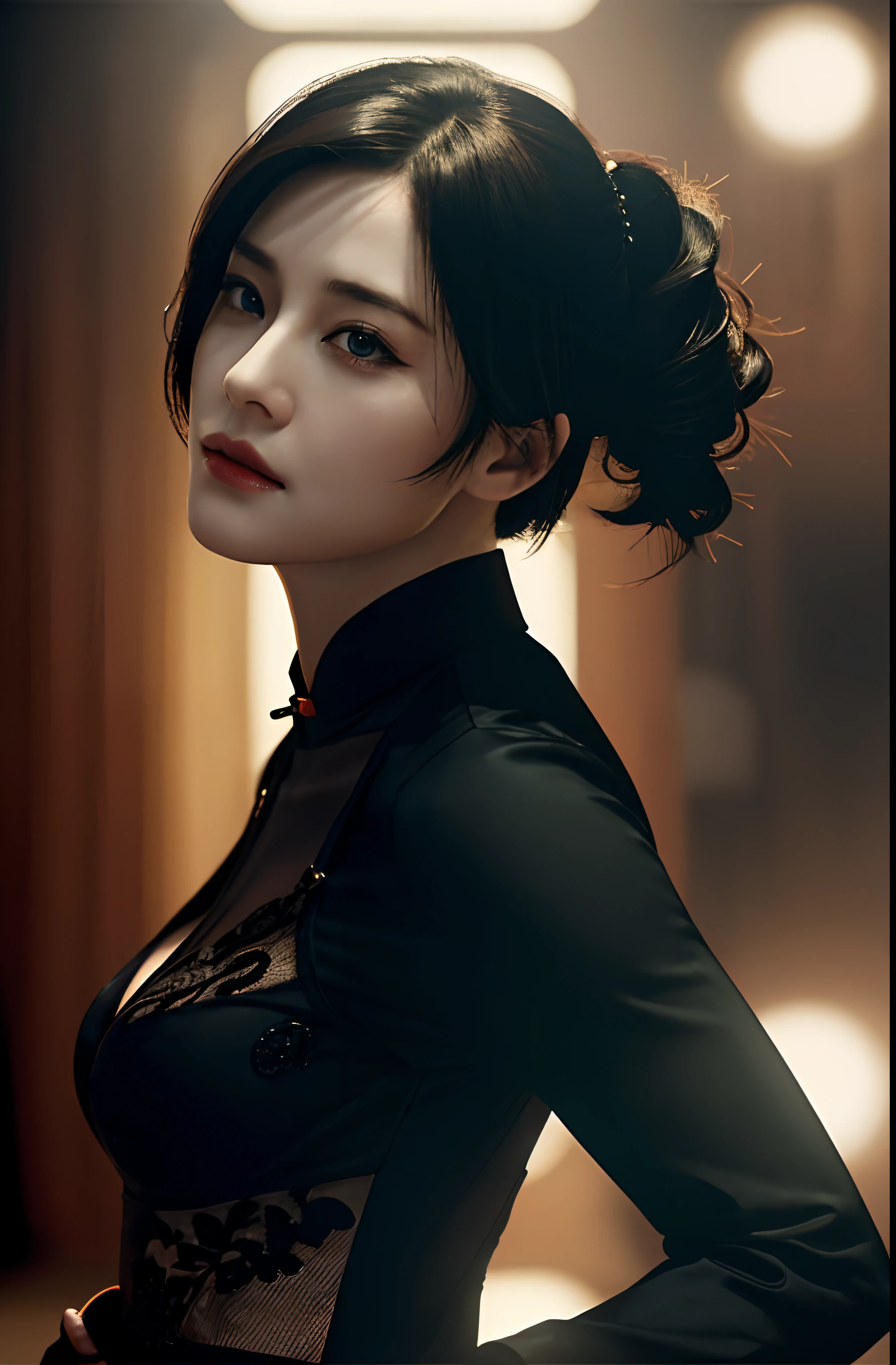 (Highest quality:1.3), cinematic shot, masterpiece, (sharp focus:1.5), (photorealistic:1.3), Ada Wong, 35 years old Woman, revealing clothes, Sexy woman, hot woman, gorgeous character, lusty Beauty, seductive, sensual lust in her beauty, erotic clothes, Ada Wong is a prominent character in the Resident Evil video game series. She is known for her mysterious and enigmatic persona. With her striking appearance, Ada often wears a beautiful qipao dress, which is a traditional Chinese outfit. Her dark hair, intense eyes, and a penchant for high heels contribute to her alluring and iconic look.
Ada is characterized by her intelligence, resourcefulness, and combat skills. She's skilled in using firearms, melee weapons, and gadgets, making her a versatile fighter. Throughout the series, she's often seen as an independent and secretive individual, driven by her own motives. Her interactions with other characters are usually marked by a sense of ambiguity and hidden agendas.
Ada's involvement in the series typically revolves around espionage, uncovering conspiracies, and dealing with biohazard outbreaks. Her complex relationships with other characters, such as Leon S. Kennedy, contribute to the intrigue and drama within the game's narrative. Overall, Ada Wong's multifaceted personality, captivating appearance, and central role in the Resident Evil series make her a memorable and iconic game character, resident evil character,(highly detailed skin), (detailed face), detailed background, cinematic scene, intricate details, UHD, detailed eyes,