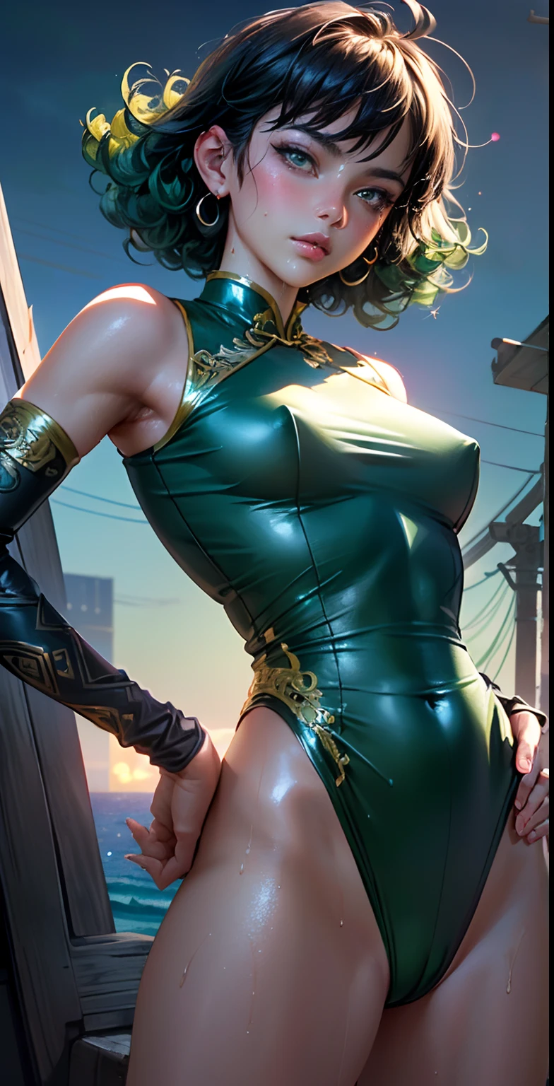 Girl Youku anchor,(((1girll))),((Very cute beautiful girl with green curly hair)),Persona diagram
(short breasts:1.4),big assa,(((Green curls:1.35,Very curly hair,Colored inner hair,Ear breathing,Short hair))),(((Green_Eyes:1.3))),intricately detailed eyes,Beautiful detailed eyes,Symmetrical eyes,Big eyes:1.3,((Fat)),(((Glossy glossy skin:1.5,Bright Skin: 1.5,dark tanned skin,Shiny skin,very shiny skin,shining body,plastic glitter skin,exaggerated shiny skin,brightskin,Wet legs))),Detailed body,(Detailed face),One Punch Man Tornado
Lovely,slutty,Seductive,Erotic,(((NSFW))),
zettai ryouiki,Clothing that exposes,show skin,((,Red cheongsam,Decorated with anime art prints)),((Wet clothes,intricate outfits,intricate clothes)),
(Dynamic pose:1.0),Embarrassed,(Buttock display,Scale to fit the dimensions,Rule of thirds),Close-up of buttocks
Cyberpunk night by the sea, There are bright neon lights and dark storm clouds and puddles, scenery:1.25,
artsy photography,(photography of:SLDR),A high resolution, Sharp focus, (Ultra detailed, Extremely detailed), (realistic artwork:1.37),(Extremely detailed Cg Unity 8K wallpaper),((Synthetic wave background theme)),(((Vibrant colors))),(intricate background),(Masterpiece),(Best quality),