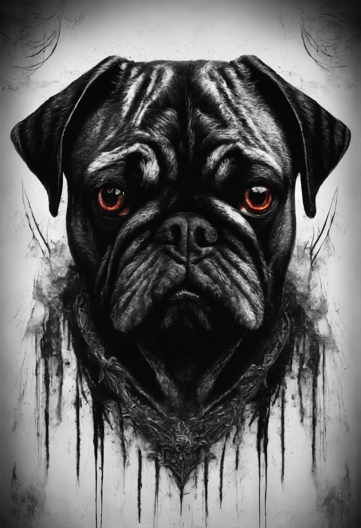 A forward-facing pug dog with a flowing body., There are no defined faces., In the middle of the frame, black background