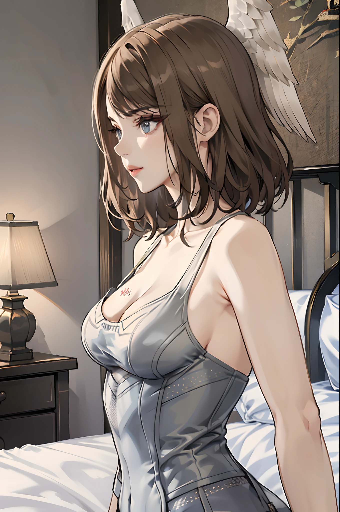 A photo of a young, wearing a white shirt and a bow, surrounded by a cozy atmosphere, looking at the viewer.
short hair, slender, red lips, transparent fabric, flirting with the camera, wing hair accessories, large breast, side profile, close up to upper body, ((undressed:0.8)),sweaty, no bra, laying on bed, on bed, bedroom