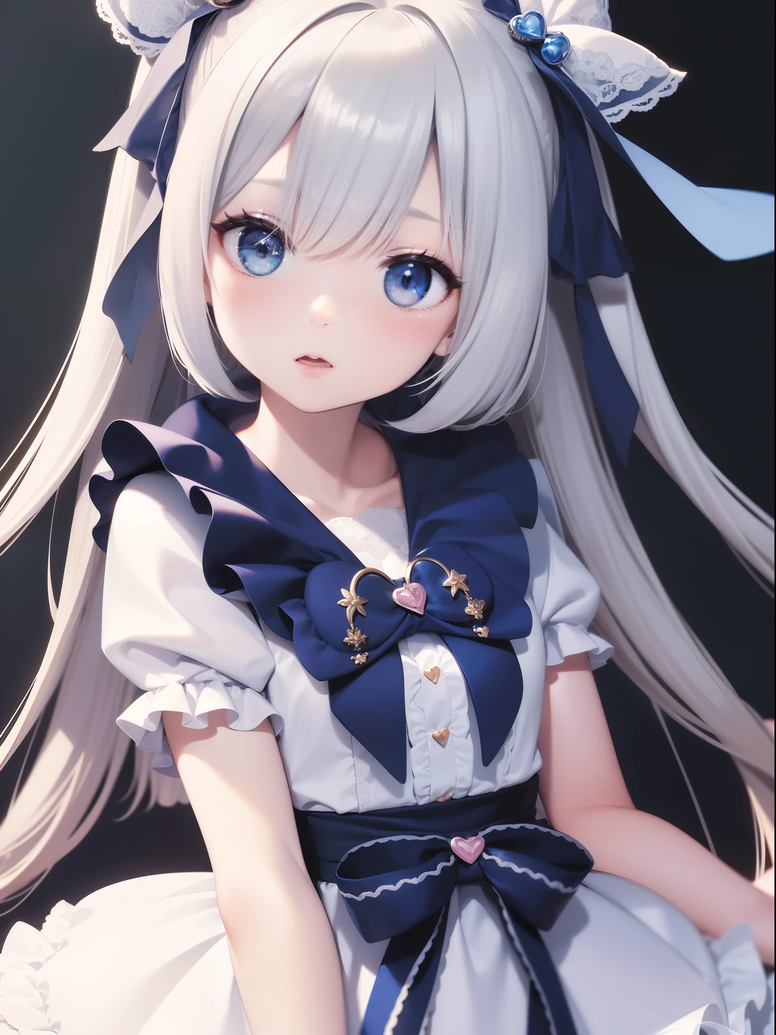 masterpiece, best quality, ultra-detailed, illustration, 1girl, solo, close-up, ((surprised)), blue_eyes, open_mouth, blush, eyebrows_visible_through_hair, long_hair, hair_ribbon, ribbon, frills, lace, white_dress, cute, soft_shading, watercolor, pastel_colors, flower, petals, bokeh, (big sized heart shaped accessory on hair:1.3)