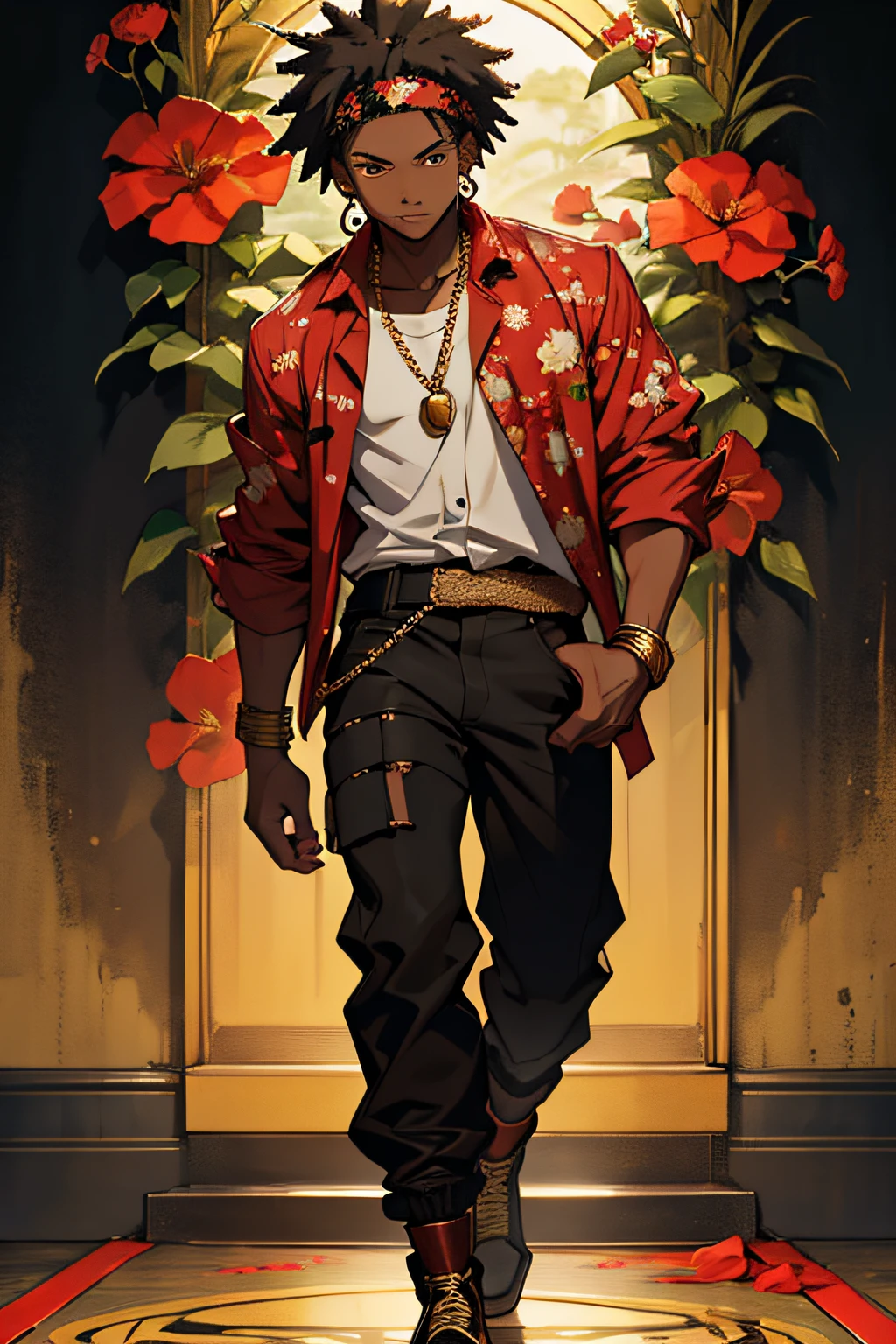 1 black male, anime character, tiny afro, bandana, small hoop earring in left ear, distressed black pants, open red button up shirt with black flowers design on it, carrying all gold knife, brown shoes, multiple gold chains