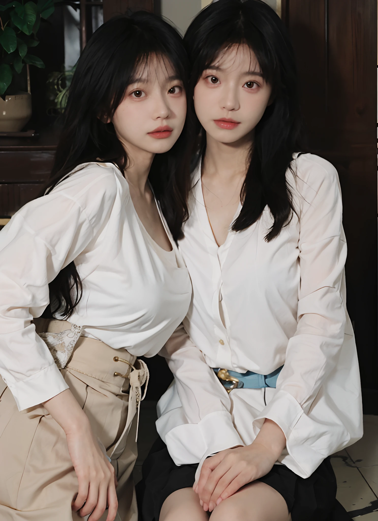 best qualtiy， 超高分辨率， （realisticlying：1.4）， one-girl， A pair of clear and moving peach blossom eyes,Royal Sister，Black long straight，Yellow tight skirt， （big cleavage breasts：1.6）， looking at viewert， closeup cleavage ，