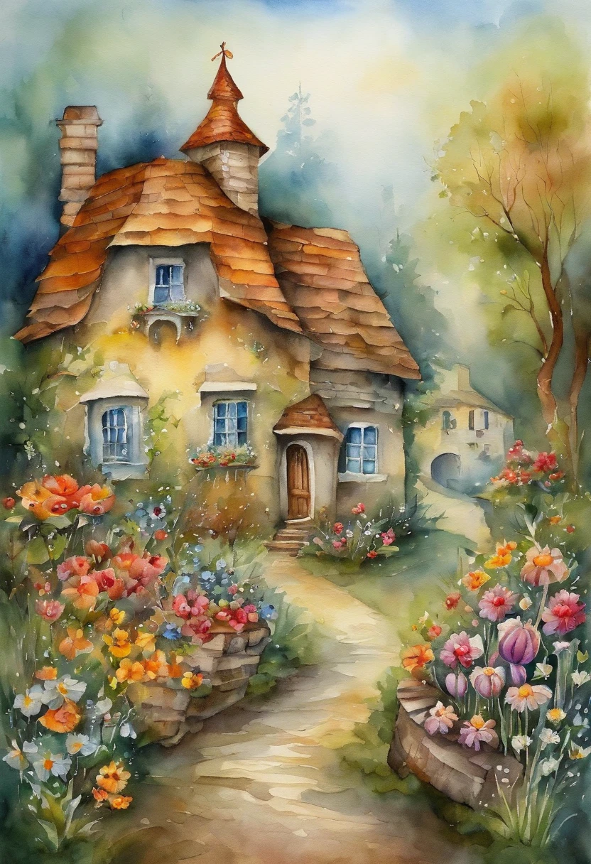 surrealism, dream-like,Fusion，A street in a fairytale land, woods, Houses with flowers,,Flowers, Street House, A lot of houses