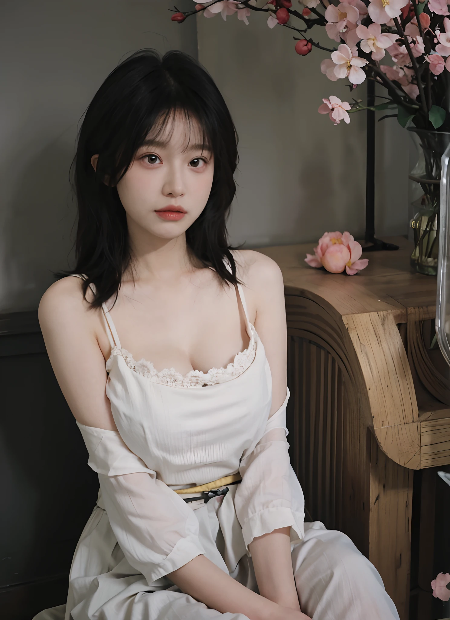 best qualtiy， 超高分辨率， （realisticlying：1.4）， one-girl， A pair of clear and moving peach blossom eyes,Royal Sister，Black long straight，Yellow tight skirt， （big cleavage breasts：1.2）， looking at viewert， closeup cleavage ，