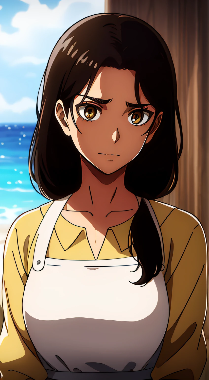 Camisa amarilla,escote,, mangas largas,Delantal blanco, cabello negro, brown eyes, flequillo, single braid, 1 girl in, 20yo,Mujer joven,Hermoso dedo,,Hermosa nariz,Beautiful character design, ojos perfectos, Cara perfecta,ojos expresivos, Mirando al espectador, escote, breasts