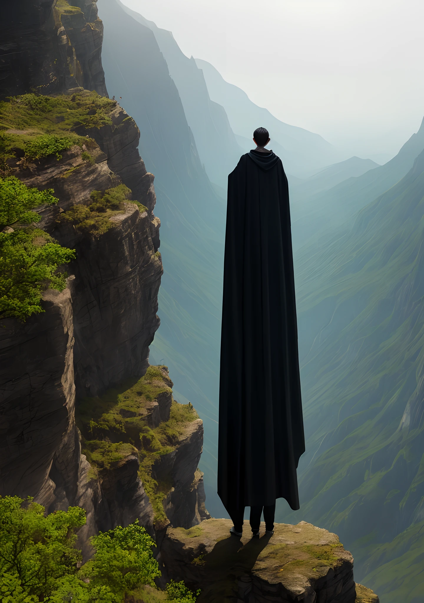 Two Dark cloaked boy standing on a cliff