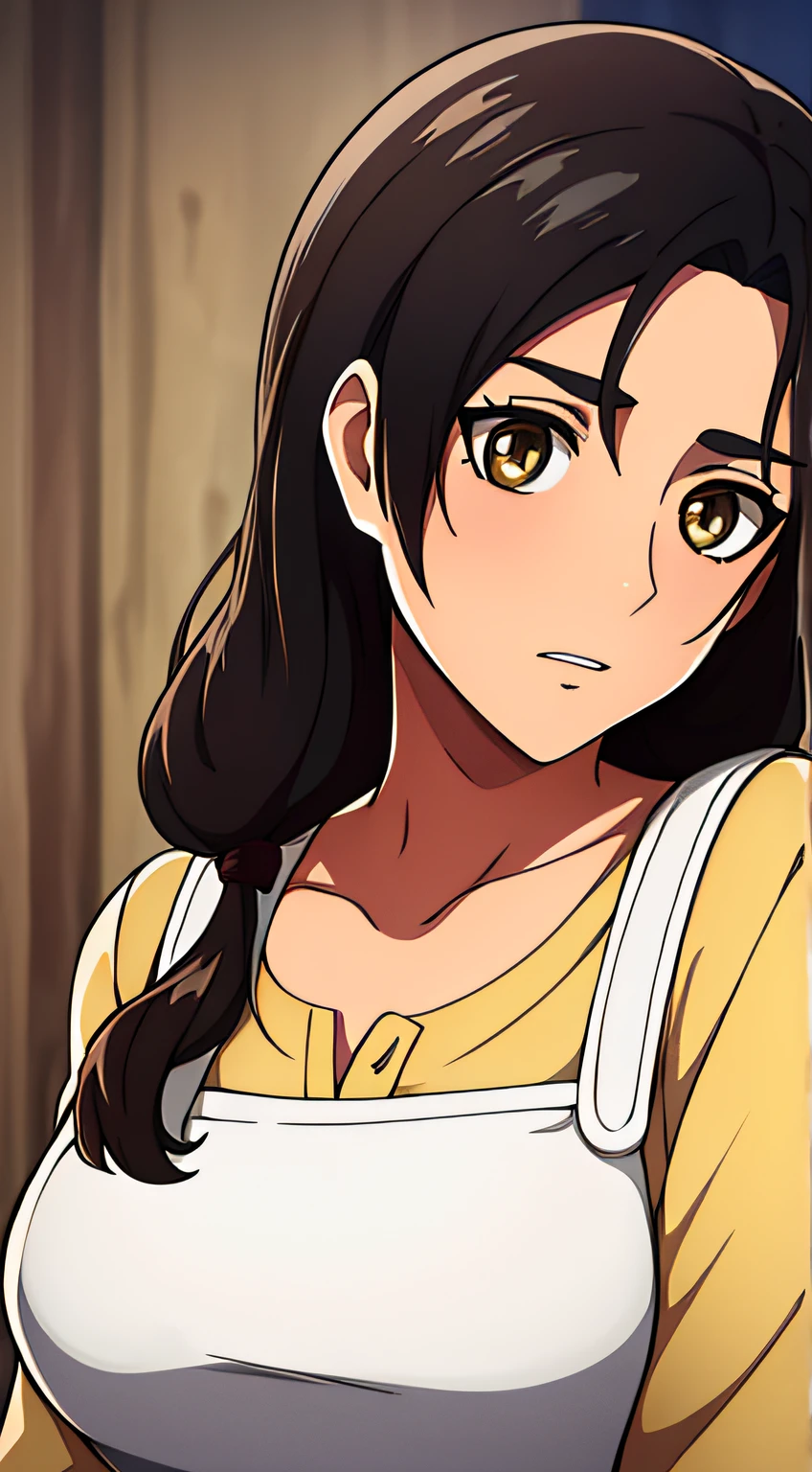 Camisa amarilla,escote,, mangas largas,Delantal blanco, cabello negro, brown eyes, flequillo, single braid, 1 girl in, 20yo,Mujer joven,Hermoso dedo,,Hermosa nariz,Beautiful character design, ojos perfectos, Cara perfecta,ojos expresivos, Mirando al espectador, escote, breasts
