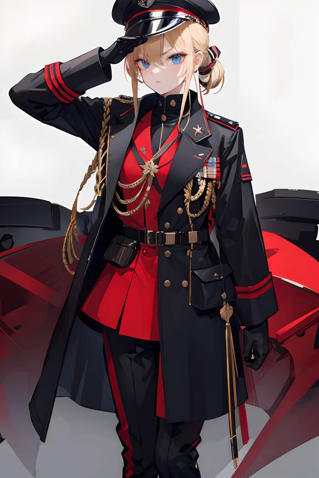 1girl, standing, blond hair tied up, black military hat, black military overcoat with decorations and red details, black military pants, combat boots, serious facial expression, blue eyes, day, military field background, high quality, highly detailed, masterpiece, 8k, beautiful