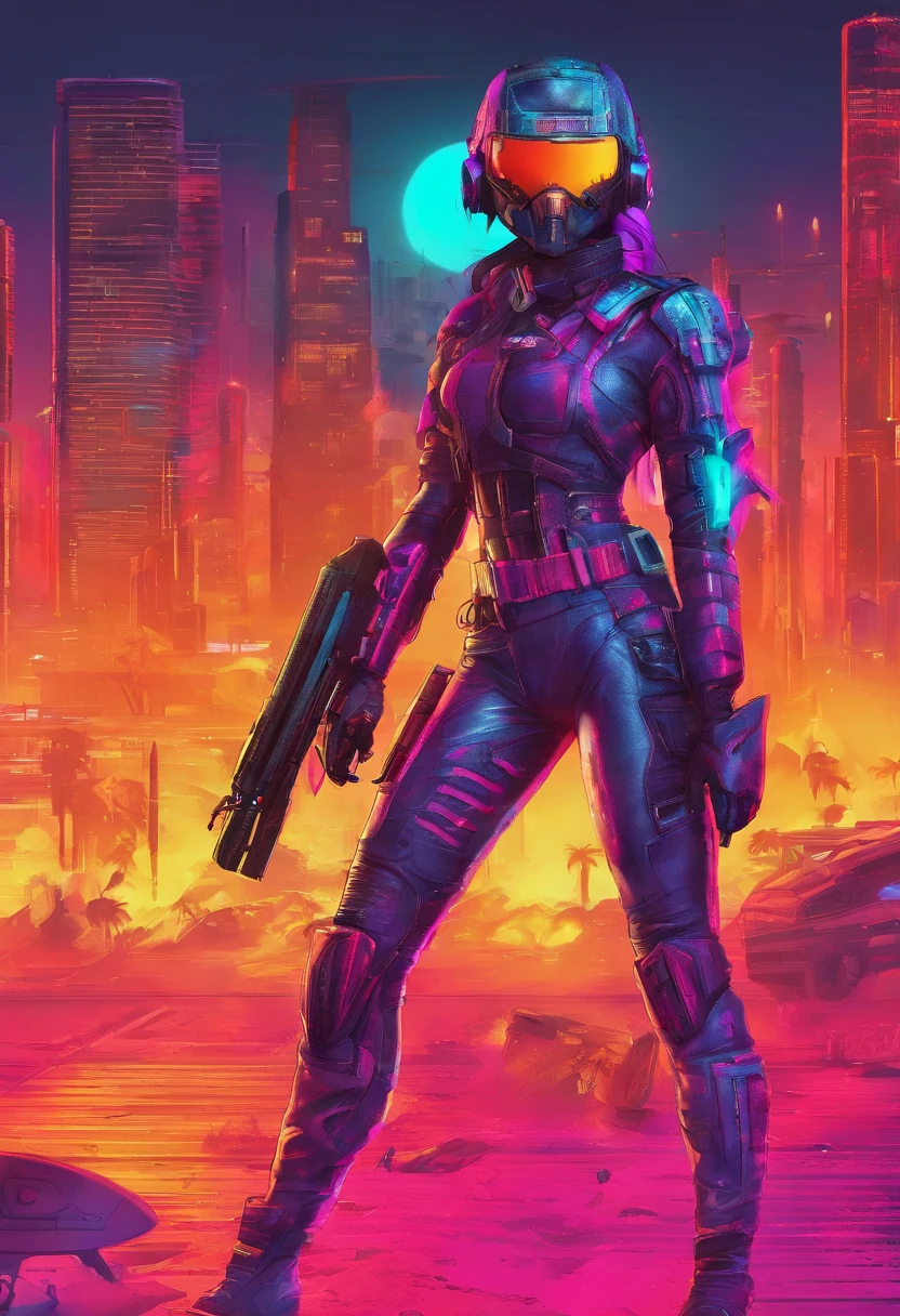doom trooper femenino cabello largo pelirrojo, mexicana blanca, traje color negro con gris, sin casco y una arma de fuego, cuerpo completo, escenario de fuego