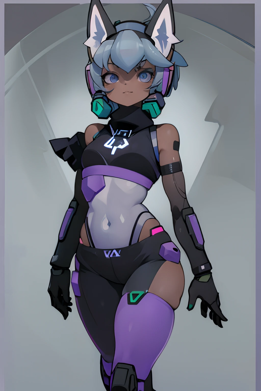 A dark skinned futuristic vocaloid inspired wolf girl. Her left arm is a robotic prosthetic. She is wearing a y2k grunge inspired outfit and a white and black cross sports bra with futuristic elements. Her main color is a light purple with an accent of light blue.
