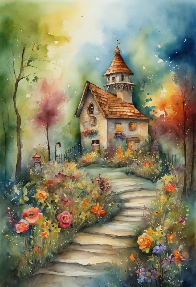surrealism, dream-like,Fusion,A street in a fairytale land, woods, Houses with flowers,,Flowers, Street House,