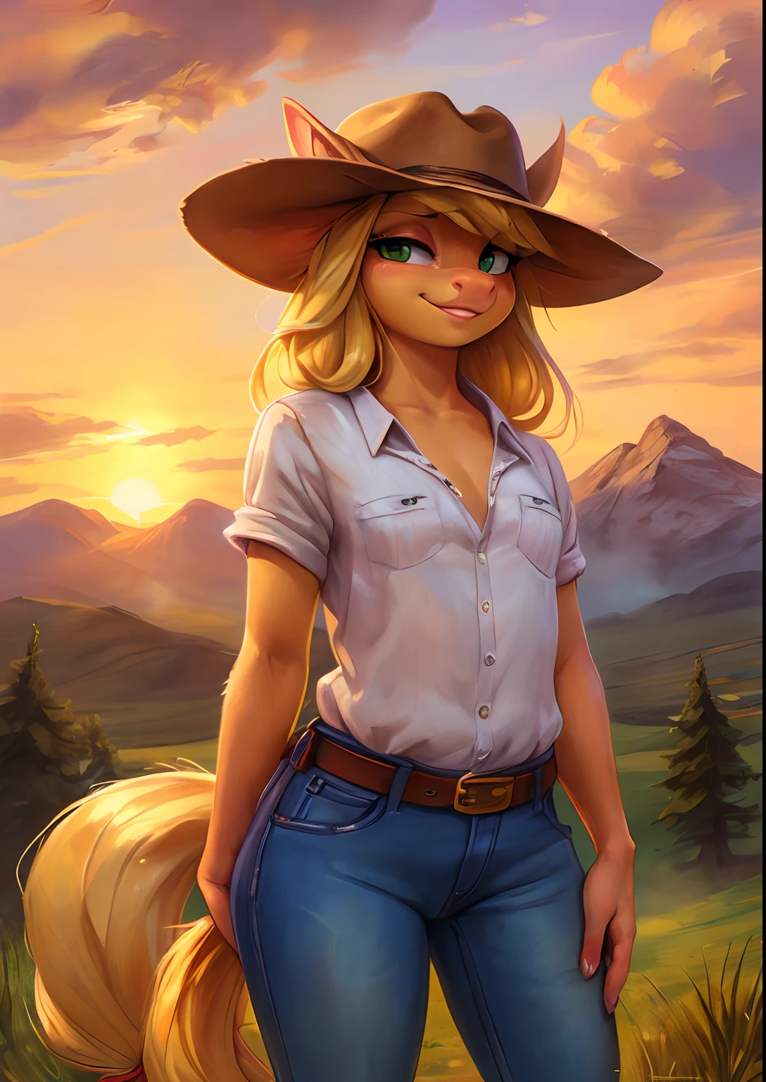 uploaded on e621, ((by Ulitochka, by Levelviolet, by Kenket, by Buta99)),
solo feral (((pony applejack \(mlp\)))) with ((yellow body)) and (long gold hair) and (clear green eyes),
(wear cowboy hat,  brown belt, blue jeans, brown  pack),
(detailed fluffy fur), (looking at viewer, three-quarter portrait:1.2),
BREAK,
((standing at farmland with grass, summer day)), (fog, mist, cloud, sunset, tree, mountain),
(detailed background, depth of field, half body shadow, sunlight, ambient light on the body),
(intricate:1), (high detail:1.25), (unreal engine:1.25), (soft focus:1.25), (masterpiece, best quality, 4k, 2k, shaded, absurd res) nsfw, realistic nipple, flat chest, ****, ****con, short muzzle