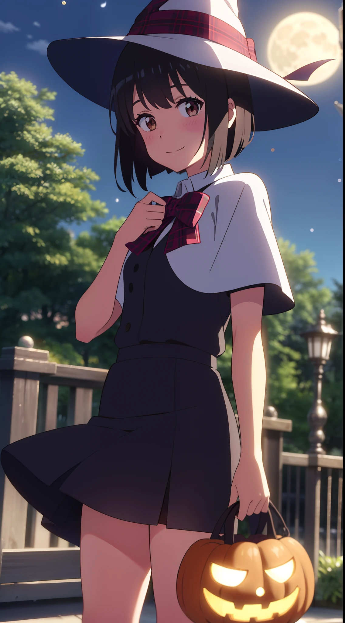 shinkai makoto, kimi no na wa., 1girl, bangs, black hair, blush, bow, brown eyes, looking at the viewer, short hair, smile, solo, happy, Halloween, black dress Halloween, Upper body, moon lighting, Perfect hand, Tokyo at night, outdoor, in a park, Halloween Decorations, Wizard Hat, cloaks, skirt, Plaid miniskirt